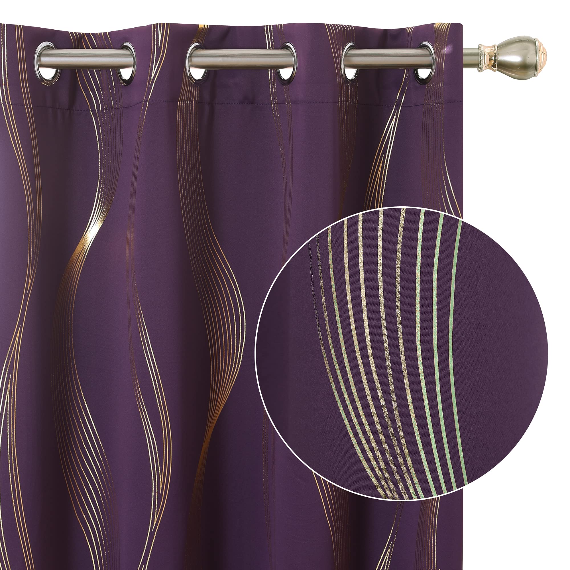 Deconovo Blackout Eyelet Curtains Thermal Insulated Gold Wave Line Foil Printed Curtains for Bedroom 66x90 Inch Purple Grape — image 1