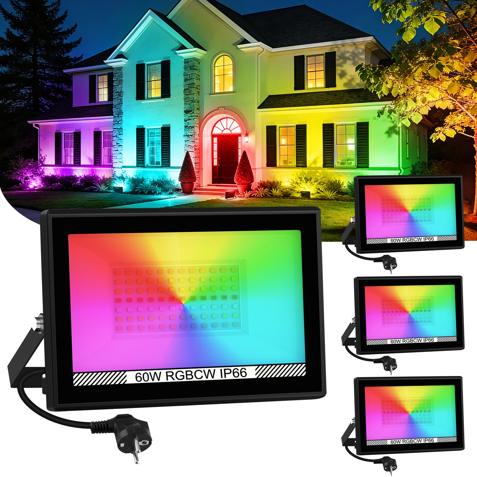 T-SUNUS LED Strahler Außen RGB, 60W RGB Strahler Outdoor mit Fernbedienung, Bluetooth APP Steuerung, IP66 Wasserdicht für Party Halloween Weihnachten Stimmungslichter 4 Stück