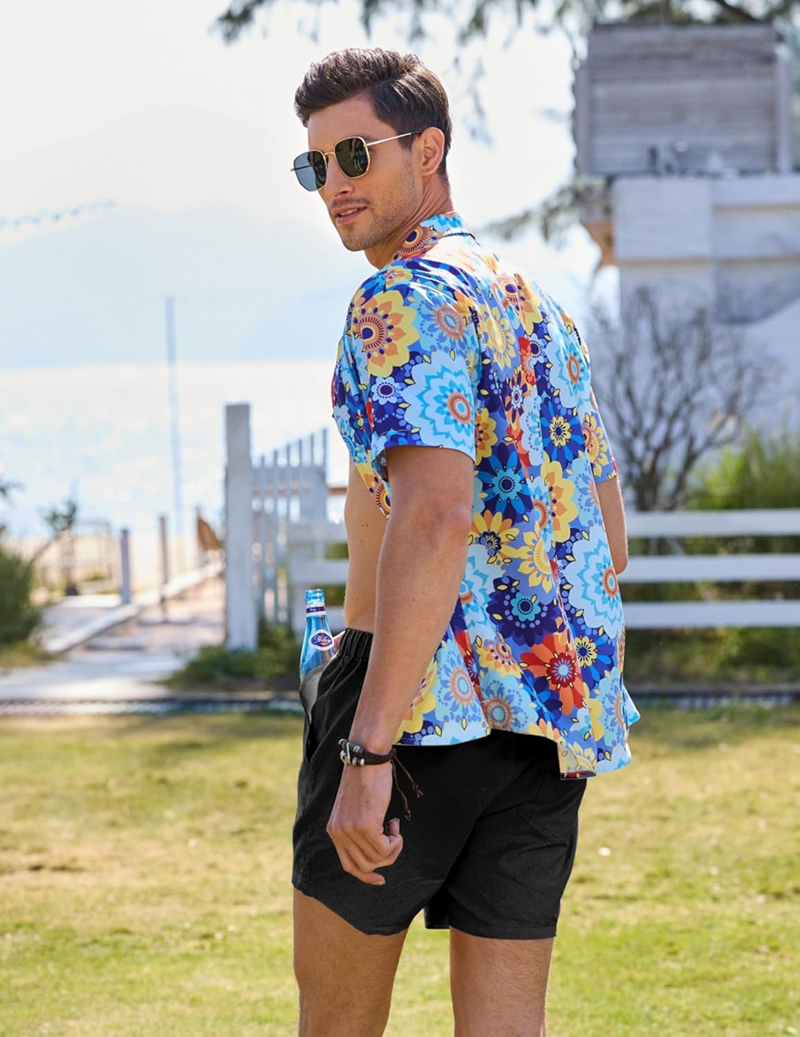 Mens Casual Beach Shorts Elastic Drawstring Waist Cotton Linen Shorts with Pockets - Image 4