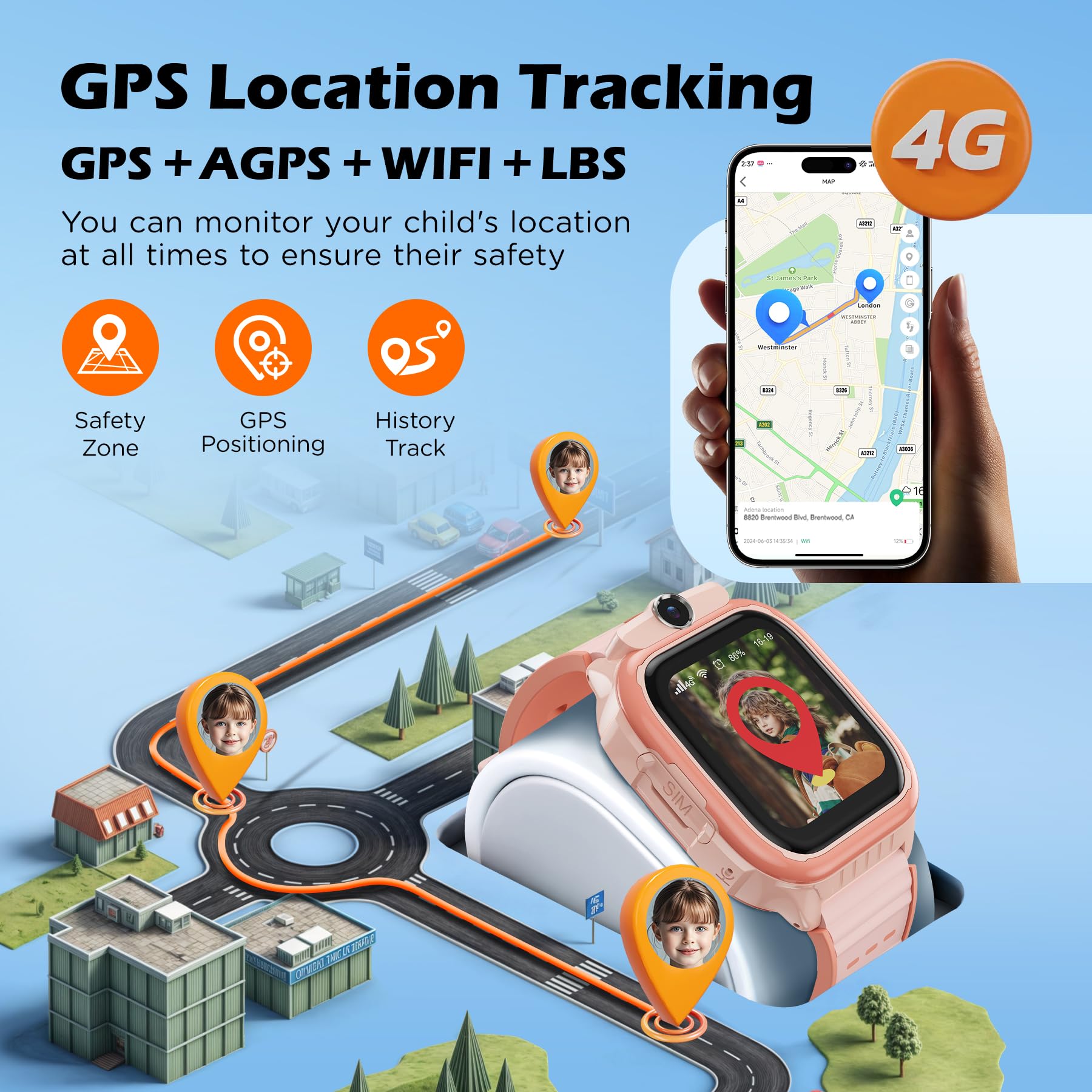 AstraMinds Orologio Smartwatch Bambini, 4G smartwatch bambini con GPS e telefono – IP67 impermeabile orologio per bambini per telefonare con WiFi, Videochiamata, SOS, Sveglia (K61Rosa)