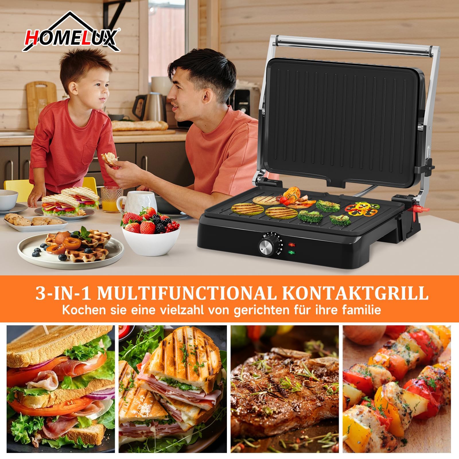 HOMELUX Griglia a contatto 2200 W, sandwich per panini, carne, con piastre antiaderenti 34 x 23 cm, raschietto per pulizia, apertura a 180°, temperatura regolabile, vassoio raccoglitore