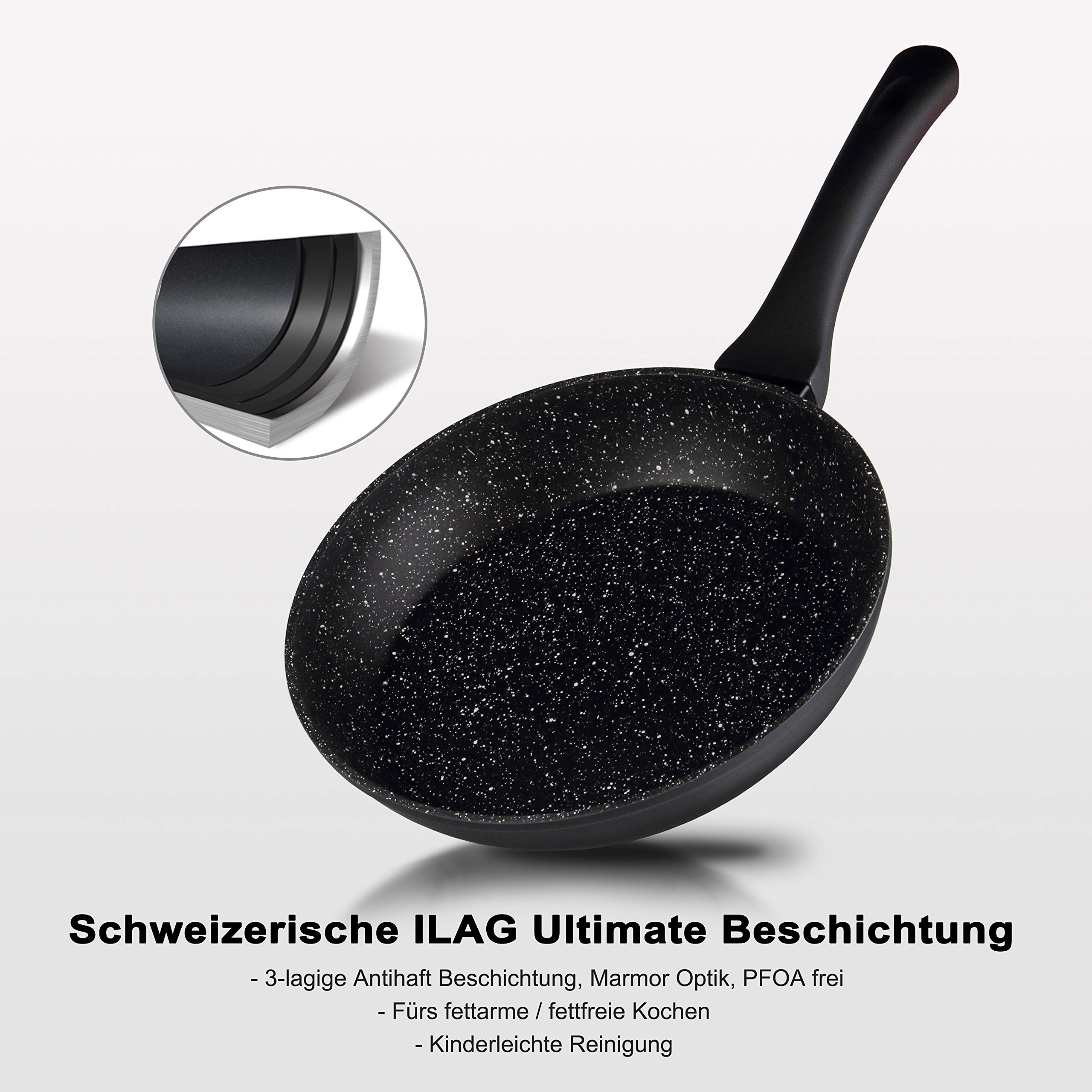Linnuo 3tlg Pfannenset Induktion, Antihaft Beschichtete Pfanne 28 cm, 24 cm, 20 cm, Bratpfanne Induktion, Pfannen hoher Rand, Edelstahl-Boden, Griff Nicht heiß, Marmor Granit Optik | Frying Pan Set