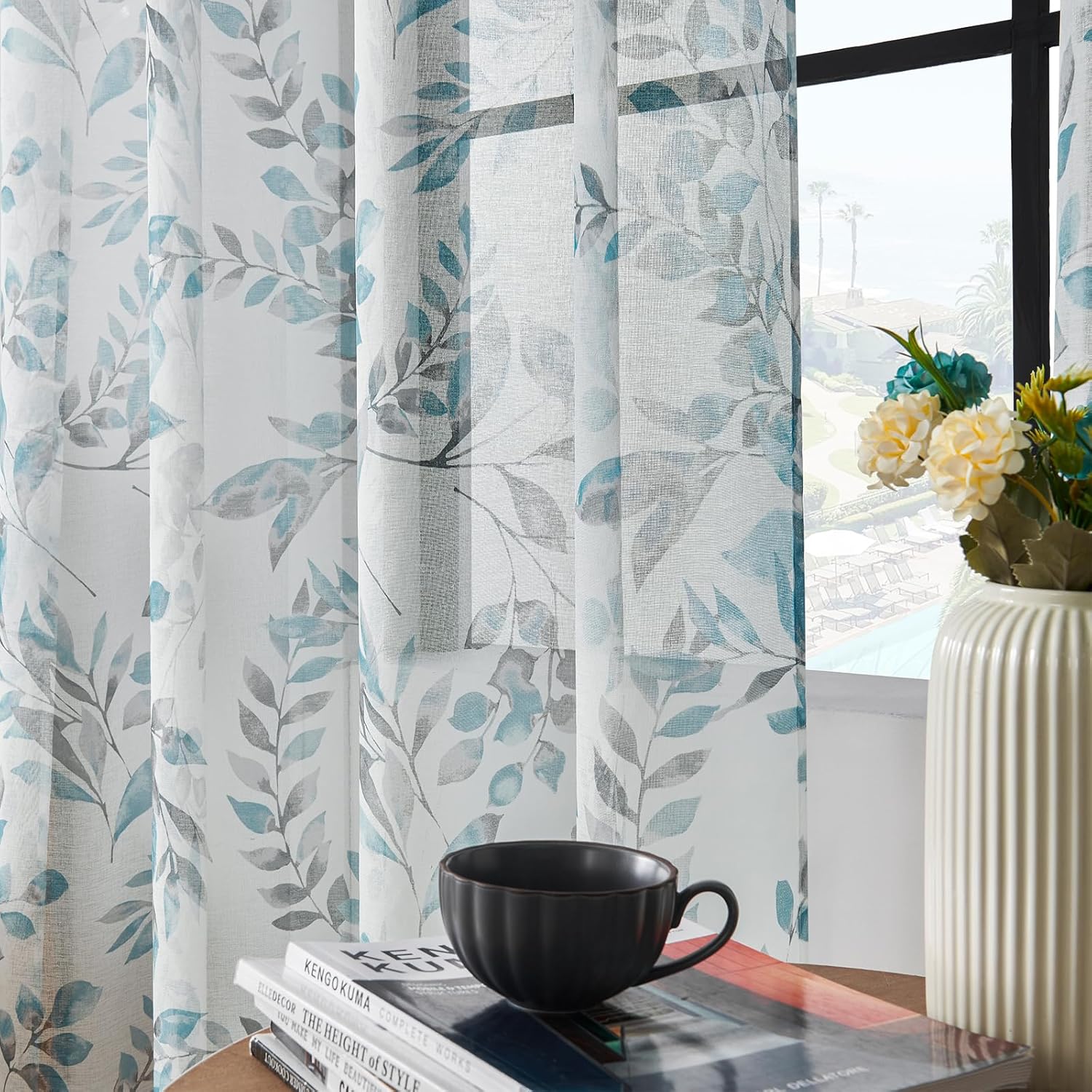 Living Room Curtains 108 inches Length Semi Sheer Curtains Floral Printed Light Filtering Grommets Top Drapes Window Treatments for Living Room Bedroom 2 Panels