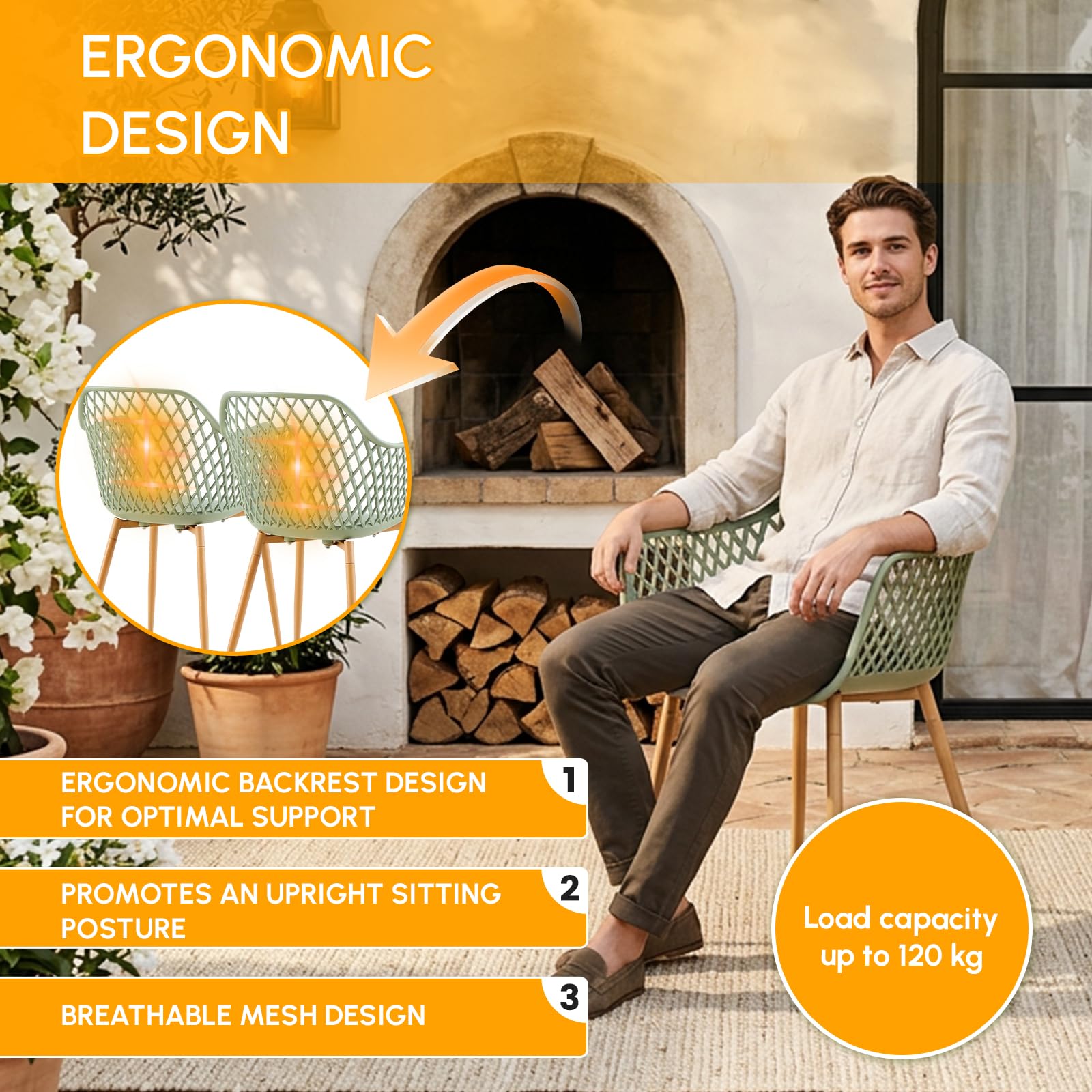 buybyroom Set di 6 sedie da giardino in plastica con bracciolo, resistenti alle intemperie, per giardino, balcone, terrazza, bistrò, balcone
