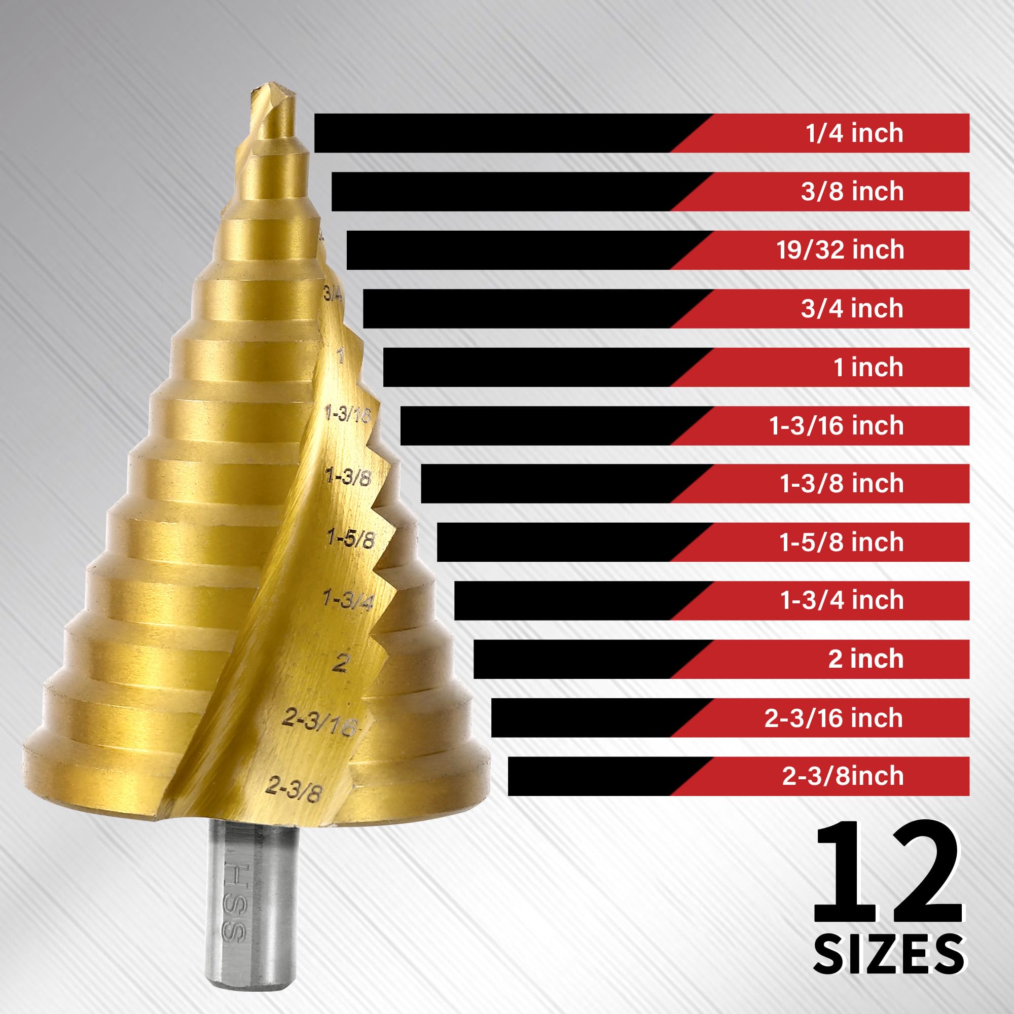 Punta per trapano a gradino HSS con scanalatura a spirale, 12 gradini in acciaio ad alta velocità da 1/4" a 2-3/8", per acciaio inossidabile, alluminio, plastica e legno, grande foro