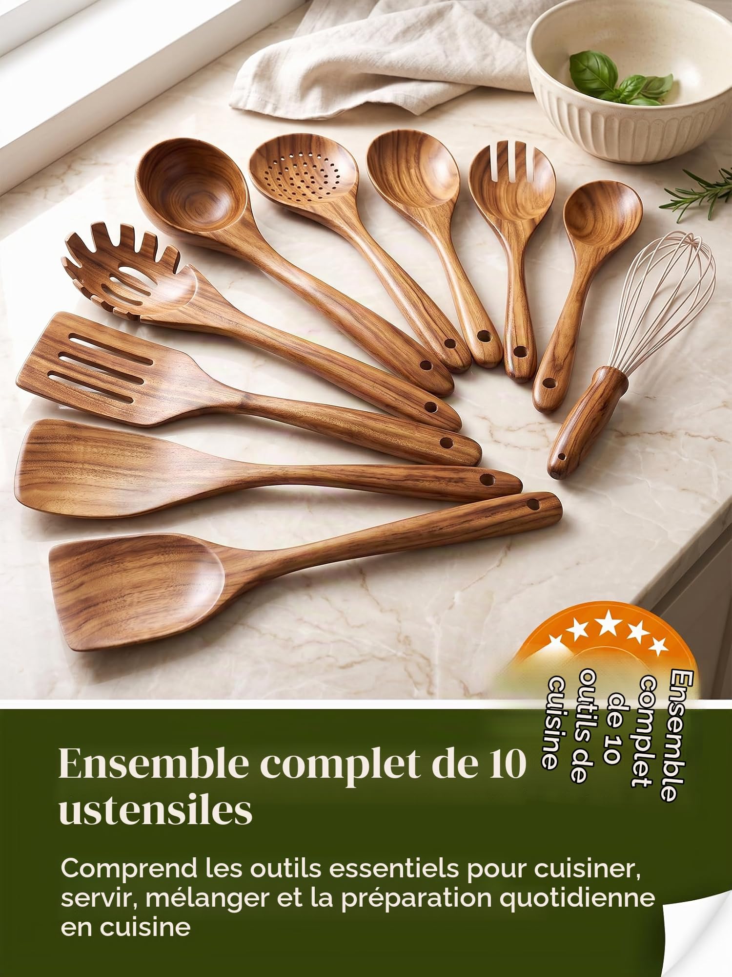 Lot de 10 cuillères en bois de teck pour une utilisation antiadhésive, ensemble de spatules pour mélanger, pâtisserie, ustensiles en bois antiadhésifs pour la cuisine