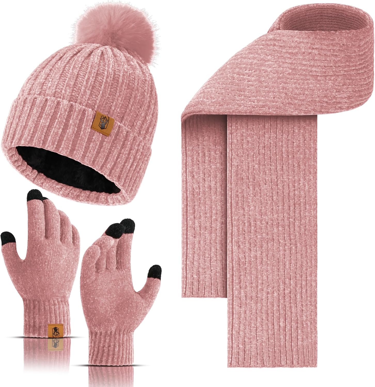 Honnesserry Winter Beanie Hat for Womens Knit Long Scarf Touchscreen Gloves Set with Fleece Lined Skull Pom Caps 3PCS