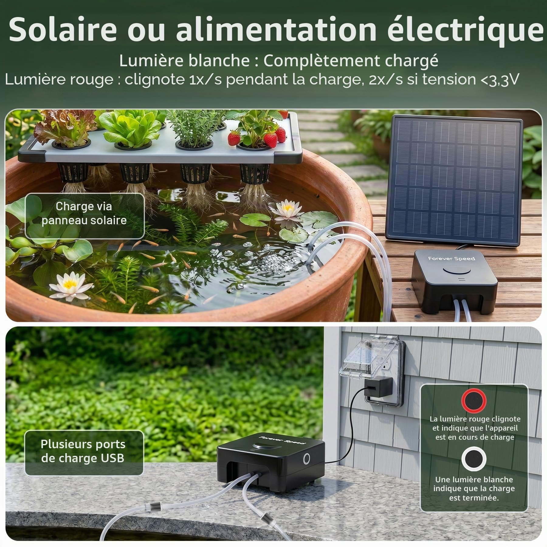Forever Speed Aérateur Solaire de Bassin Rechargeable Batterie, Silencieux Pompe à Oxygène Double Charge Solaire + USB, Aérateur de Bassin pour Petits Bassins et Aquariums
