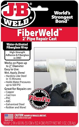 J-B Weld FiberWeld - Reparación de tuberías de 2 pulgadas, 2 x 60 pulgadas, envoltura adhesiva de fibra de vidrio de alta resistencia, color blanco