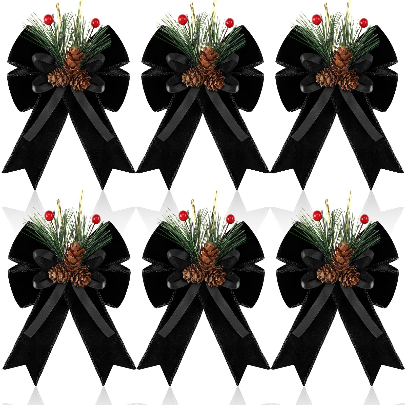 Lazos de Navidad a cuadros con cono de pino natural y lazo negro de alta resistencia