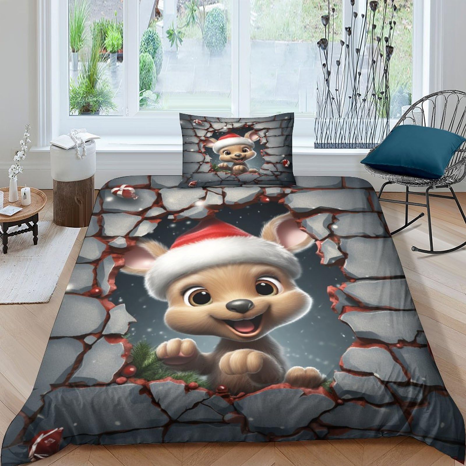 Housse de couette écureuil de Noël 135x200 parure 3 pièces