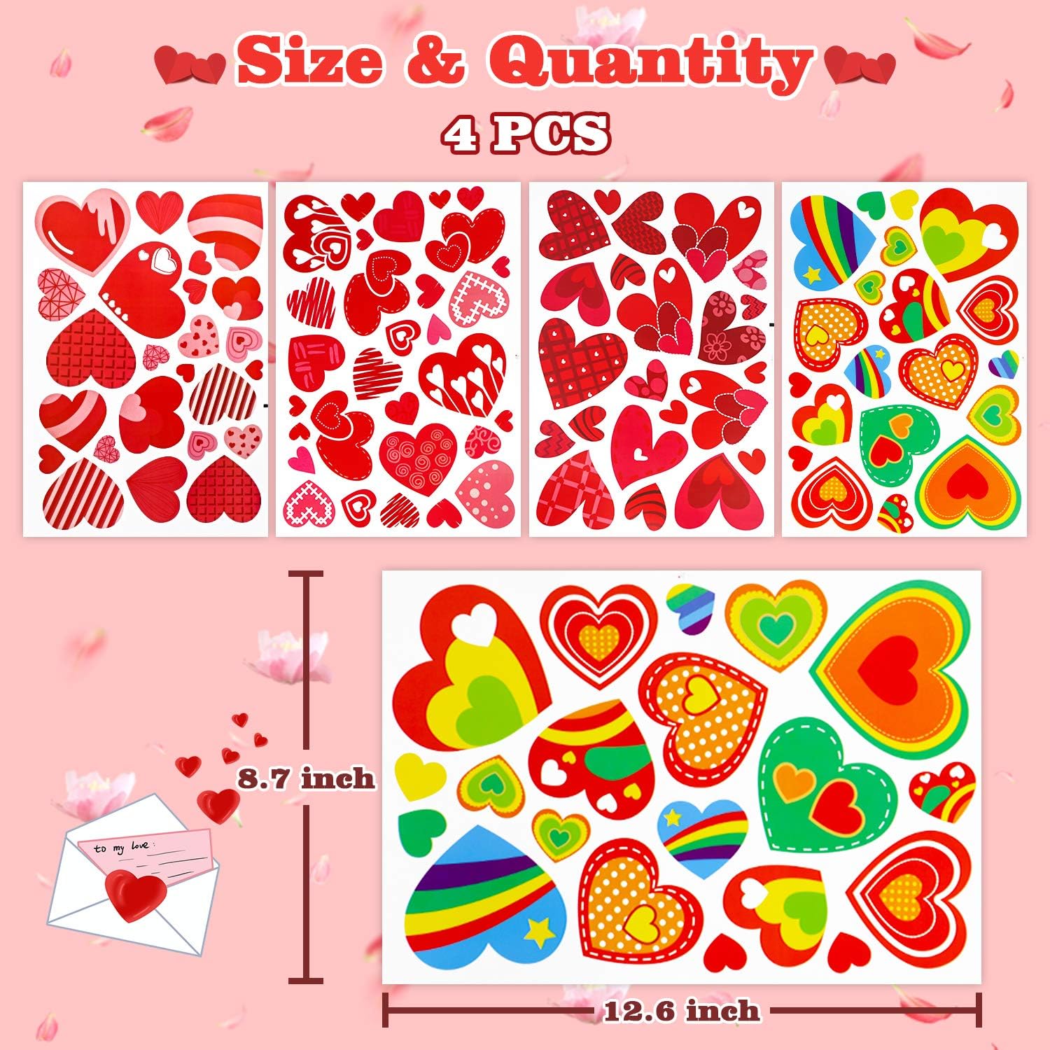 Leesgel 4 Sheets Valentines Day Heart Window Clings, Red Heart Decorations, Reusable Window Stickers
