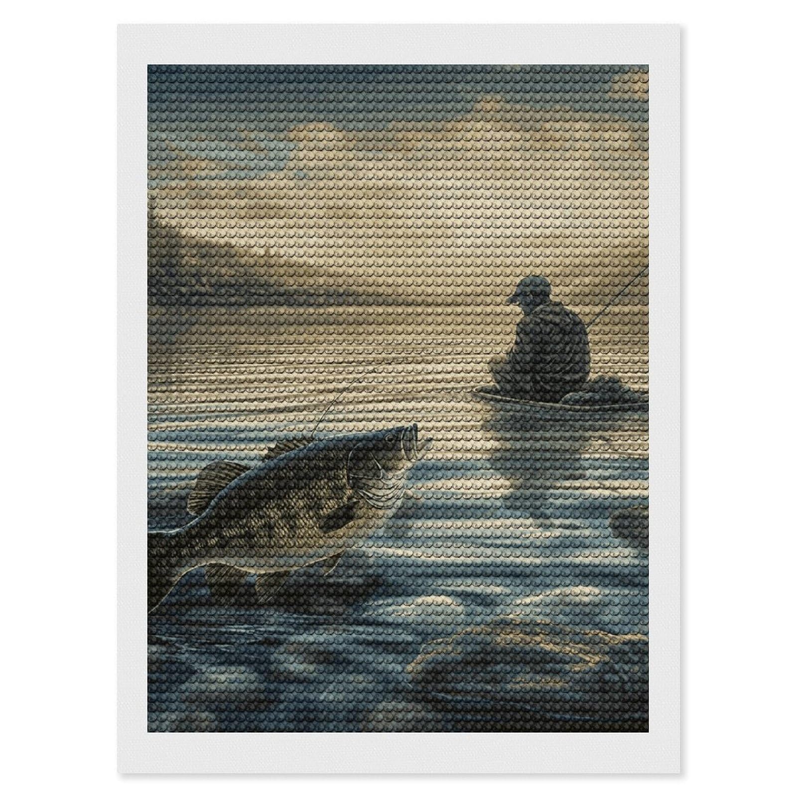 DWVTSLH Lake Fish Fishing Diamond Painting Kits for Adults, Personalized Diamond Photo Art Full Drill, DIY 5D Diamond Art Painting Kits for Beginners, Home Wall Decor 12"x16"
