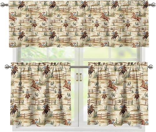 Juego de cortinas de cocina, cenefa y niveles con estampado de vaqueros occidentales, bolsillo para barra, vintage, cafetería, bar, cortinas de