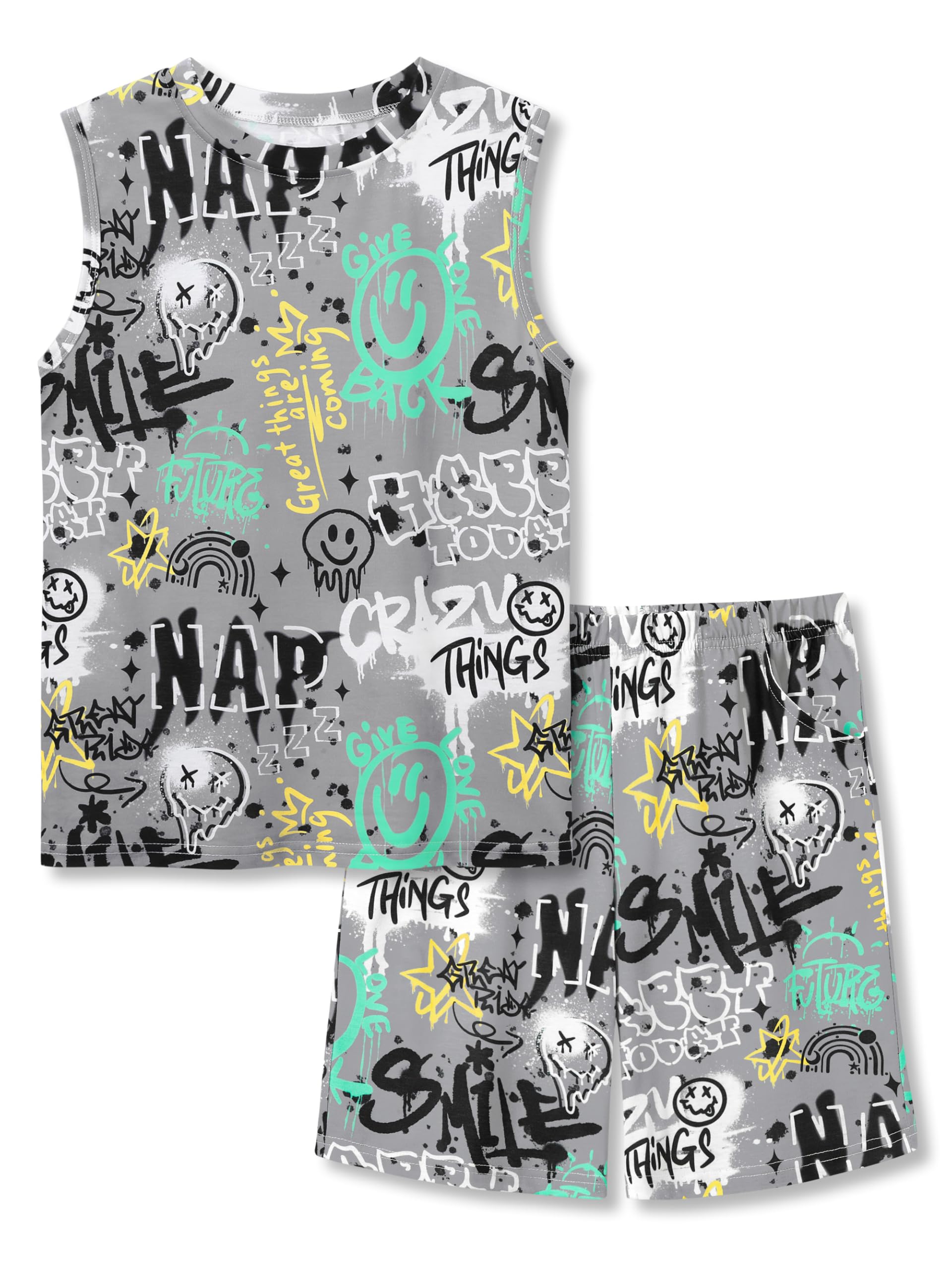 Beezizac Little & Big Boys 2-Piece Cozy Summer Pajamas Black Gamer Tank Top & Shorts Cool PJ Kid Set Size 6-18