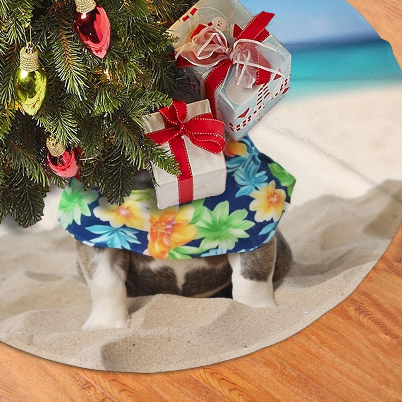 Fodpand Black French Bulldog Summer Christmas Tree Skirt 48" Velvet Xmas Tree Skirt Mat Rustic Christmas Tree Mat Cover Winter Xmas Tree Collar For Indoor Outdoor Christmas Decorations