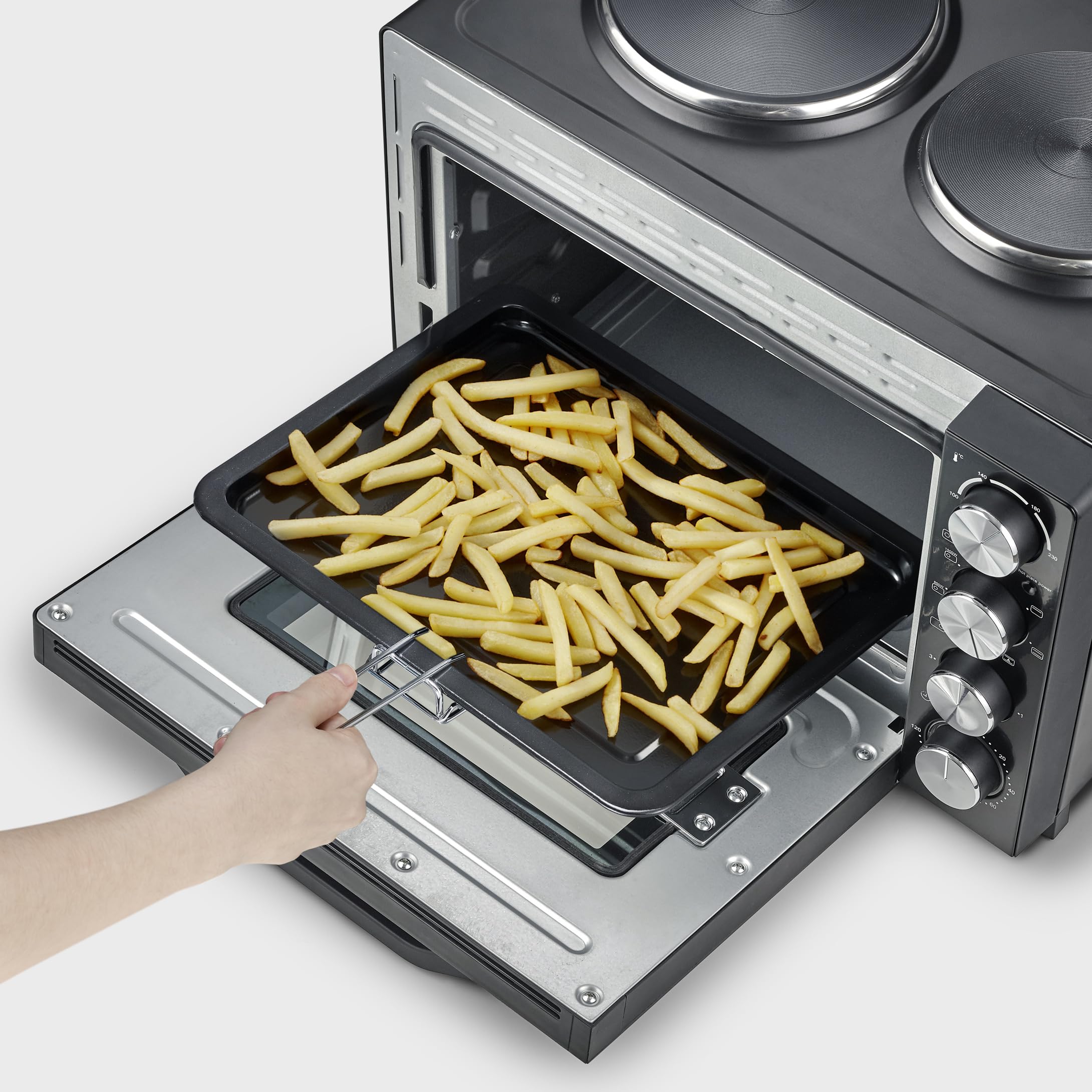 SEVERIN Mini-Four à chaleur tournante 30 L avec tournebroche et plaques de cuisson, Four posable 2 500 W design élégant, Mini-four électrique minuteur 120 min, Noir/Inox, TO 2074
