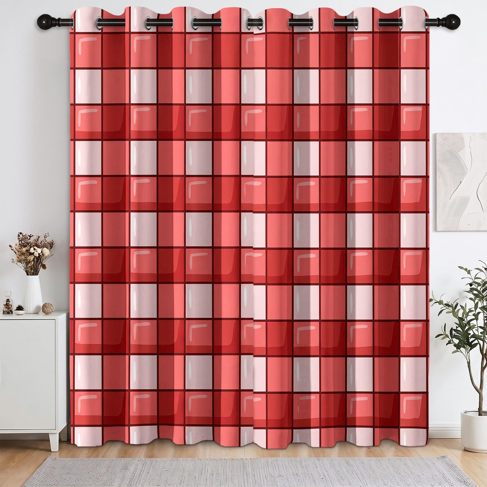 Vorhänge Rotes Schachbrettmuster Ösenvorhang H215 x B110 cm 2er Set