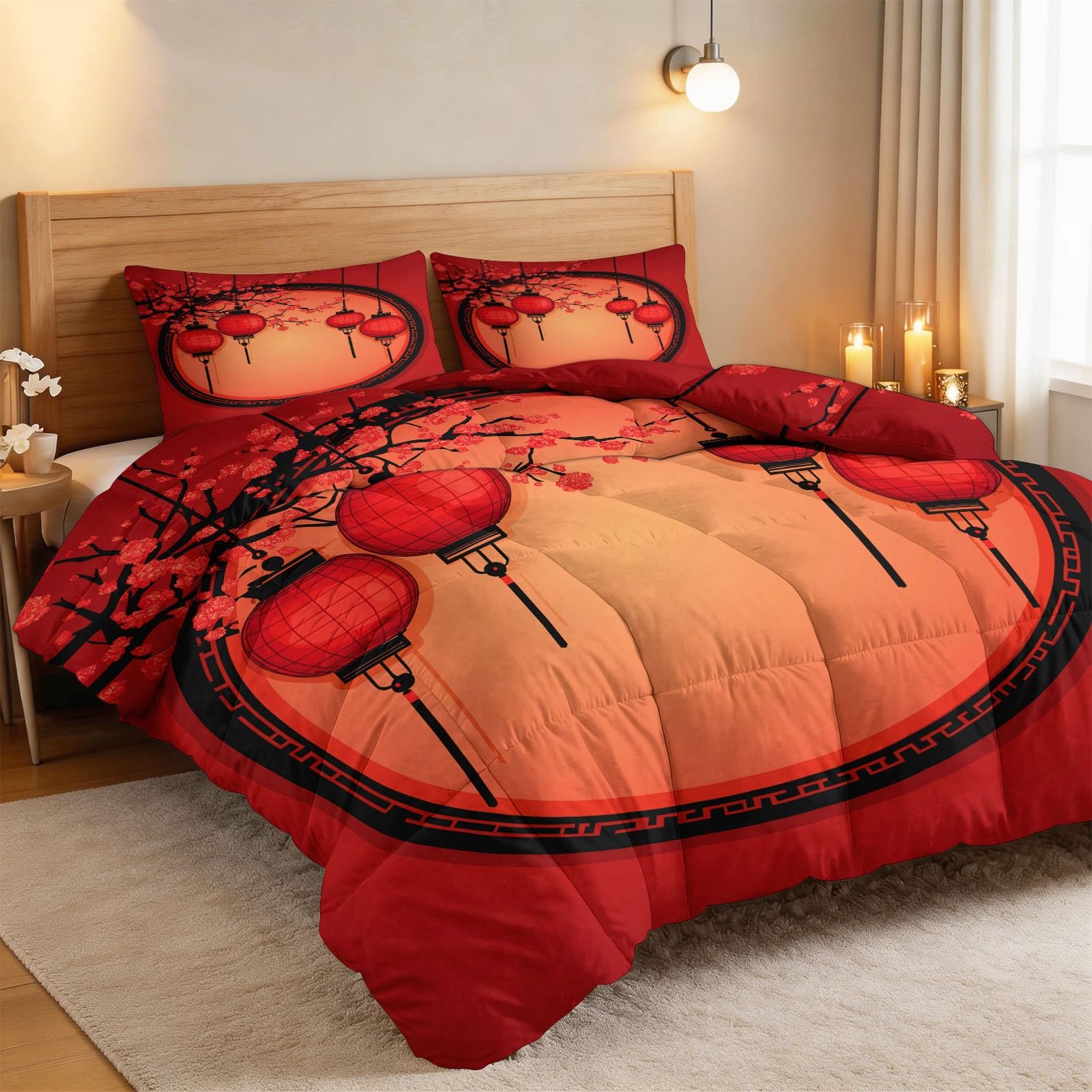 CozyRest Piumone Rosso per tutte le stagioni, 4 stagioni motivo Lanterna cinese - per chi soffre di allergie microfibra- 260x240 cm con 2 federa 50 x 80 cm