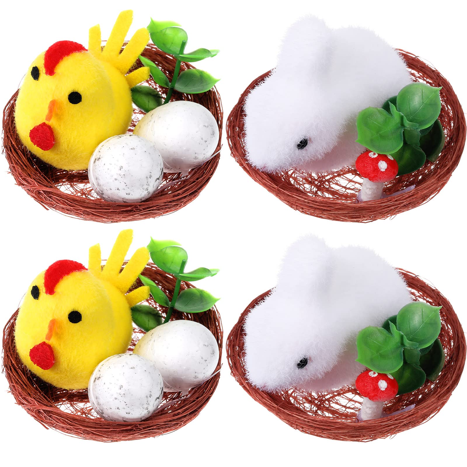 4 Packs Easter Fluffy Decorations Easter Mini Chicks in Nest and Eggs Cute Fluffy Rabbit Yellow Chicks Tiny Bunny Toy Miniature Stuffed Rabbit Plush for Party House Garden Accessories Animal Craft