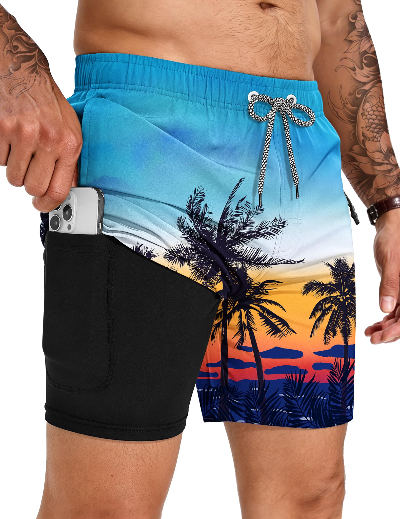 TARAINYA Badehose Herren Zipper Badeshorts 2 in 1 Kompression Liner Schnelltrocknend Atmungsaktiv mit Kordelzug für Strand Schwimmen Urlaub M-4XL
