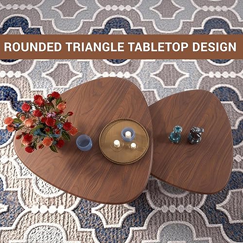 Miniatura 6 de Hoonyee - Juego de 2 mesas auxiliares anidadas, mesa auxiliar moderna de chapa de madera de nogal y mesa auxiliar para sala de estar, juego de mesa