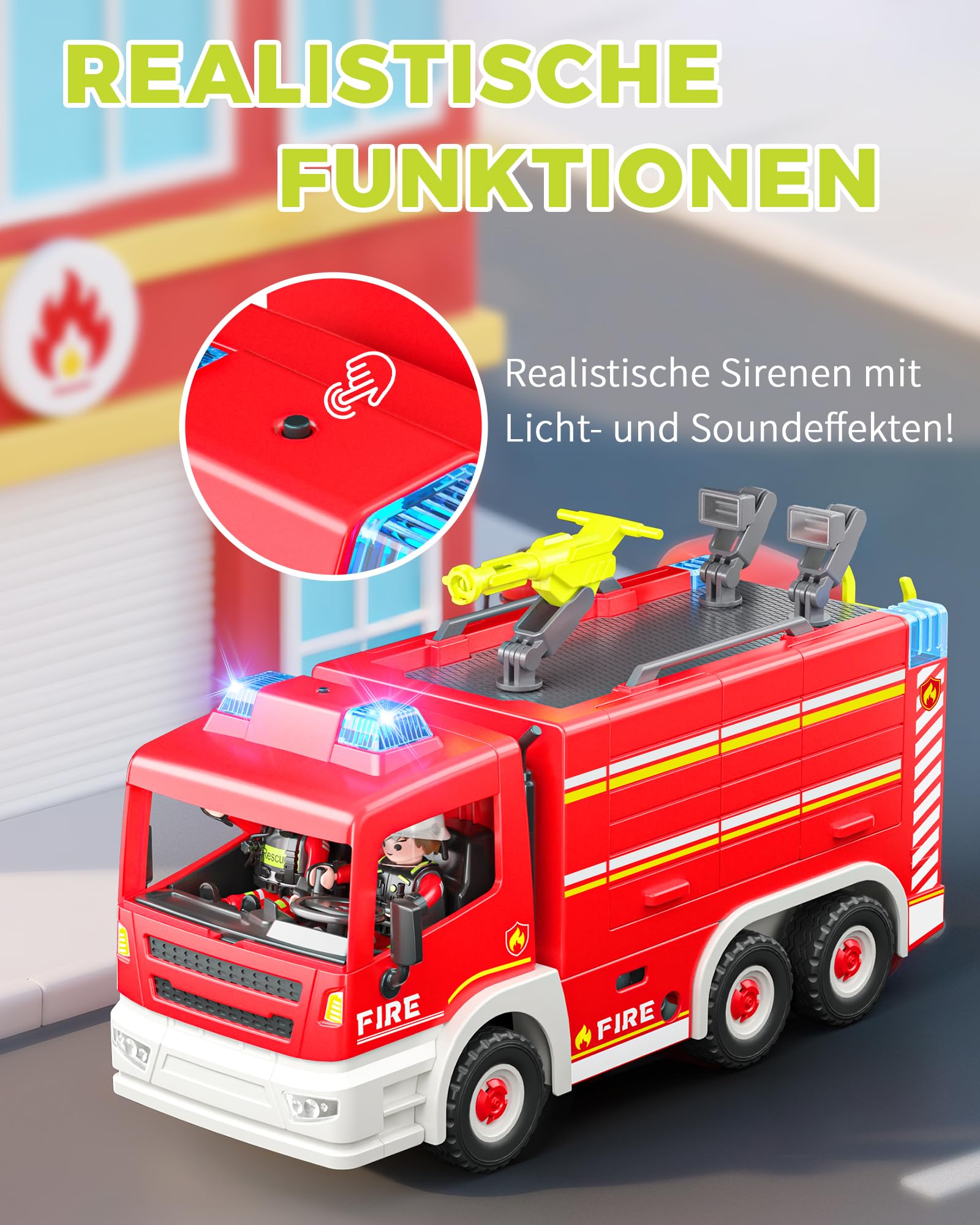 Coroiesty Feuerwehrauto Spielzeug ab 4 Jahre, Große Feuerwehrwagen mit 2 Feuerwehrleuten & Werkzeug, Licht & Sirene, pädagogisches Rettungsfahrzeug für Kinder Jungen Mädchen