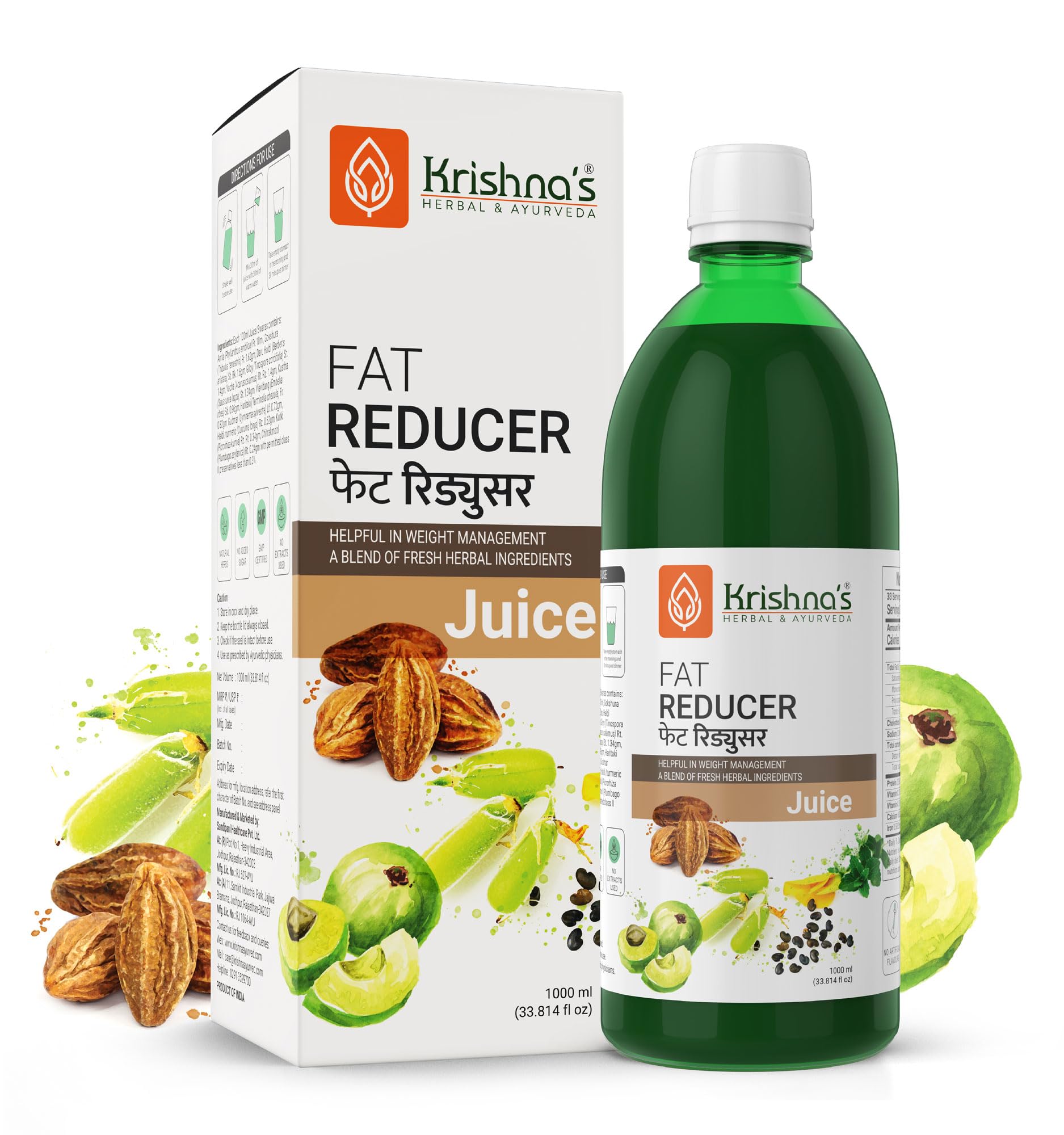 Krishna's Herbal & AyurvedaFat Reducer Juice - 1000 ml | (Pack of 1) | 12 Powerful herbs for Weight Management | Amla, Harad, Daru Haridra, Sunn Hemp | Aids Metabolism and Digestion