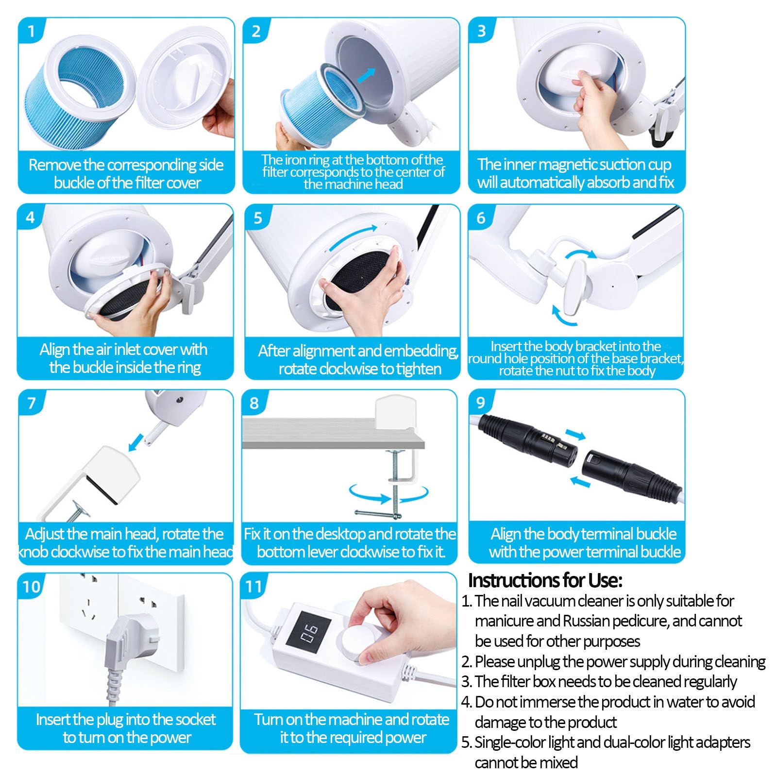 Aspirapolvere per Unghie, Aspirapolvere Elettrico per Pedicure e Manicure con LED dimmerabile Incorporato, Filtro sostituibile e Supporto da scrivania Universale