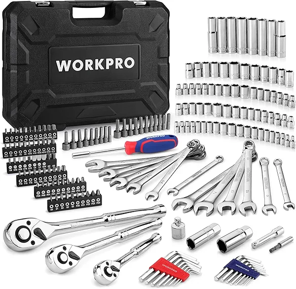 WORKPRO Mechanics Tools Kit and Socket Set, 192-Piece, SAE&Metric, 1/2'', 1/4'', 3/8'' Drive Socket Ratchet Wrench Set with Molded Case 192 Pieces