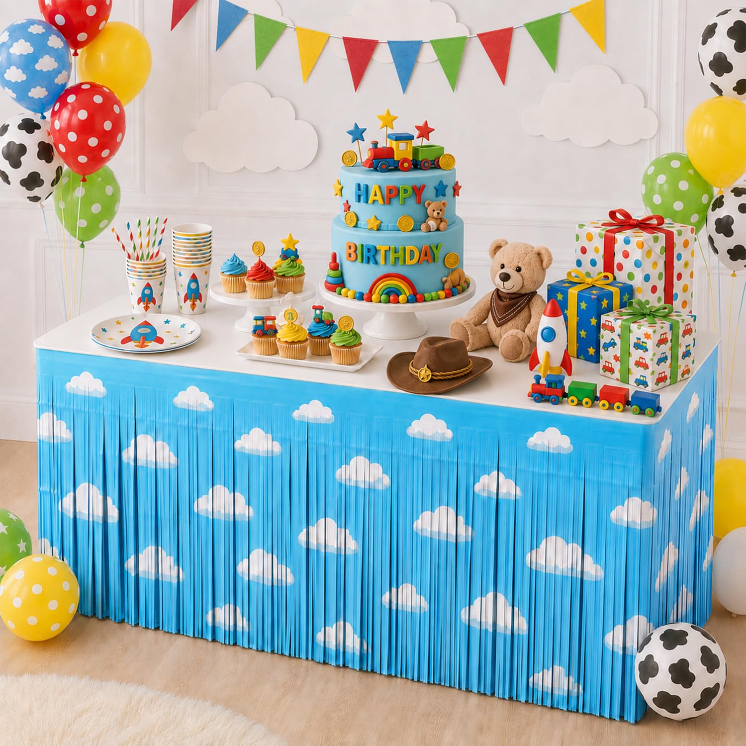 TYHJOY 2 Pack Blue Sky White Clouds Table Skirts, Cartoon Toy Birthday Decorations 29 x 108 Inch Metallic Foil Fringe Tinsel Desk Table Skirts for Rectangle Tables Baby Shower Table Decor Supplies