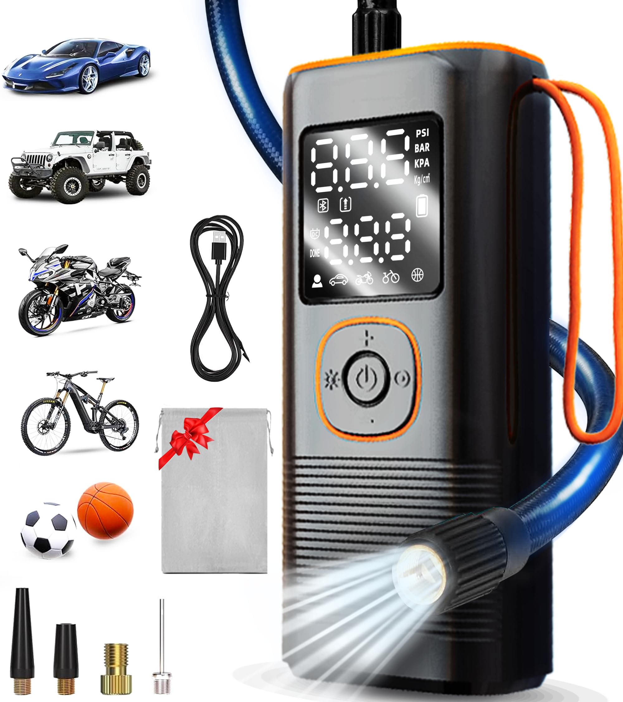 Portable Tire Inflator for Car, 160PSI Portable Air Compressor with Tire Pressure Gauge, Air Pump Portable with LED for Car Motorcycle Bike Ball