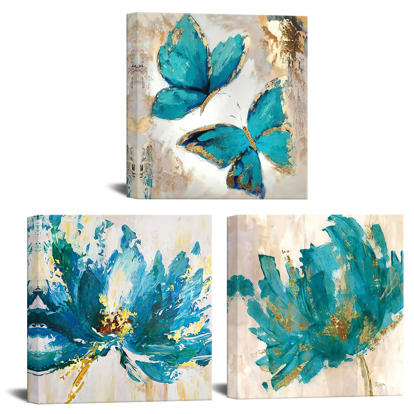 iKNOW FOTO 3 Pieces Teal Flower and Butterfly Canvas Prints Floral Oil Painting Gold Blue Wall Art for Bathroom Bedroom Ready to Hang Each Size 12x12 Inches