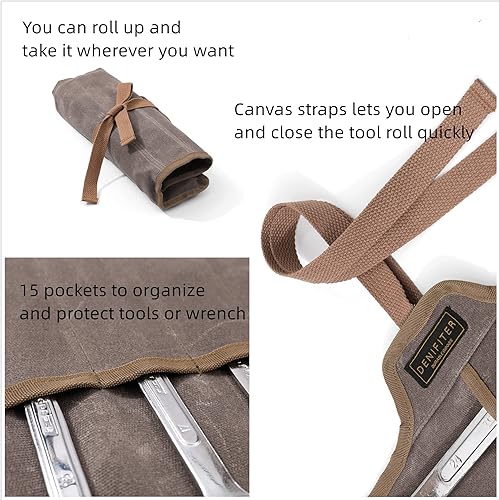 Miniatura 9 de Bolsa de herramientas, juego de llaves de lona encerada duradera, bolsas enrollables multiusos con correa (26.5 x 12.5 pulgadas, negro)