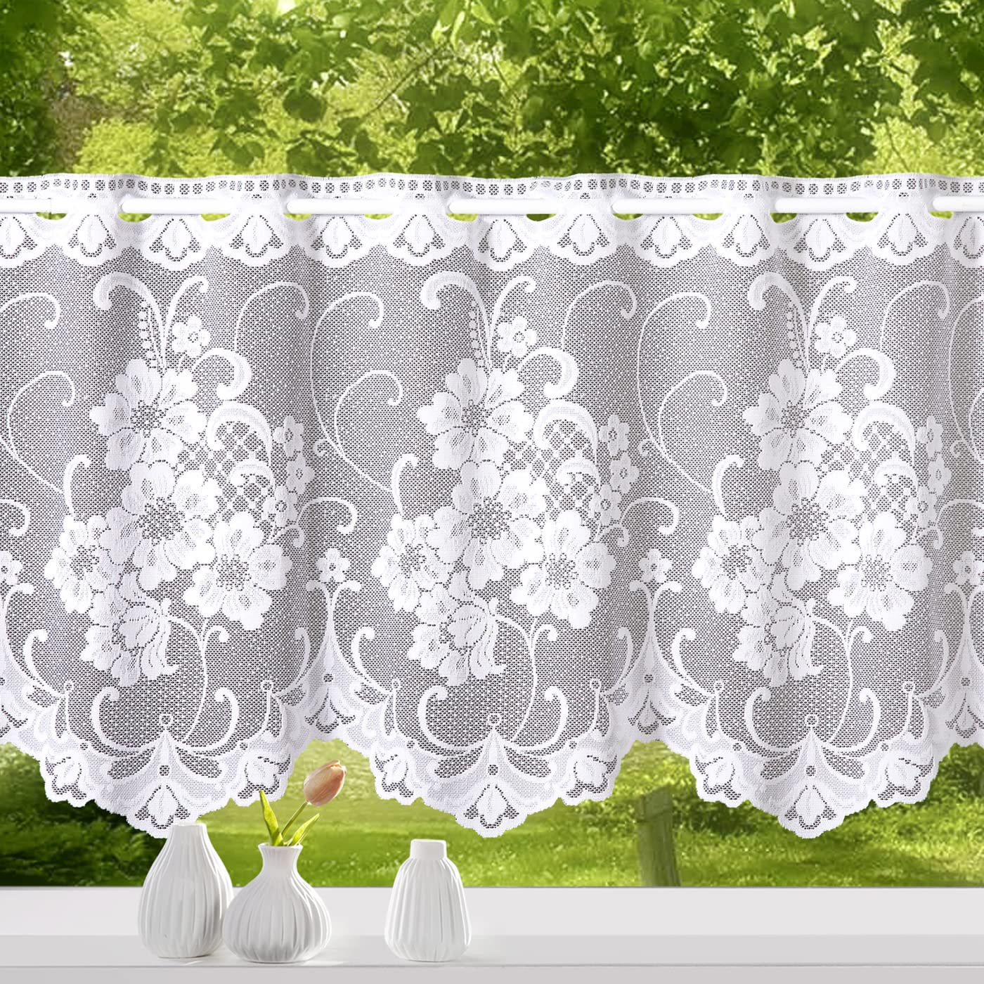 Jacquard Scheibengardine met verstrengelde lijnen 150x62,5 cm H/B wit