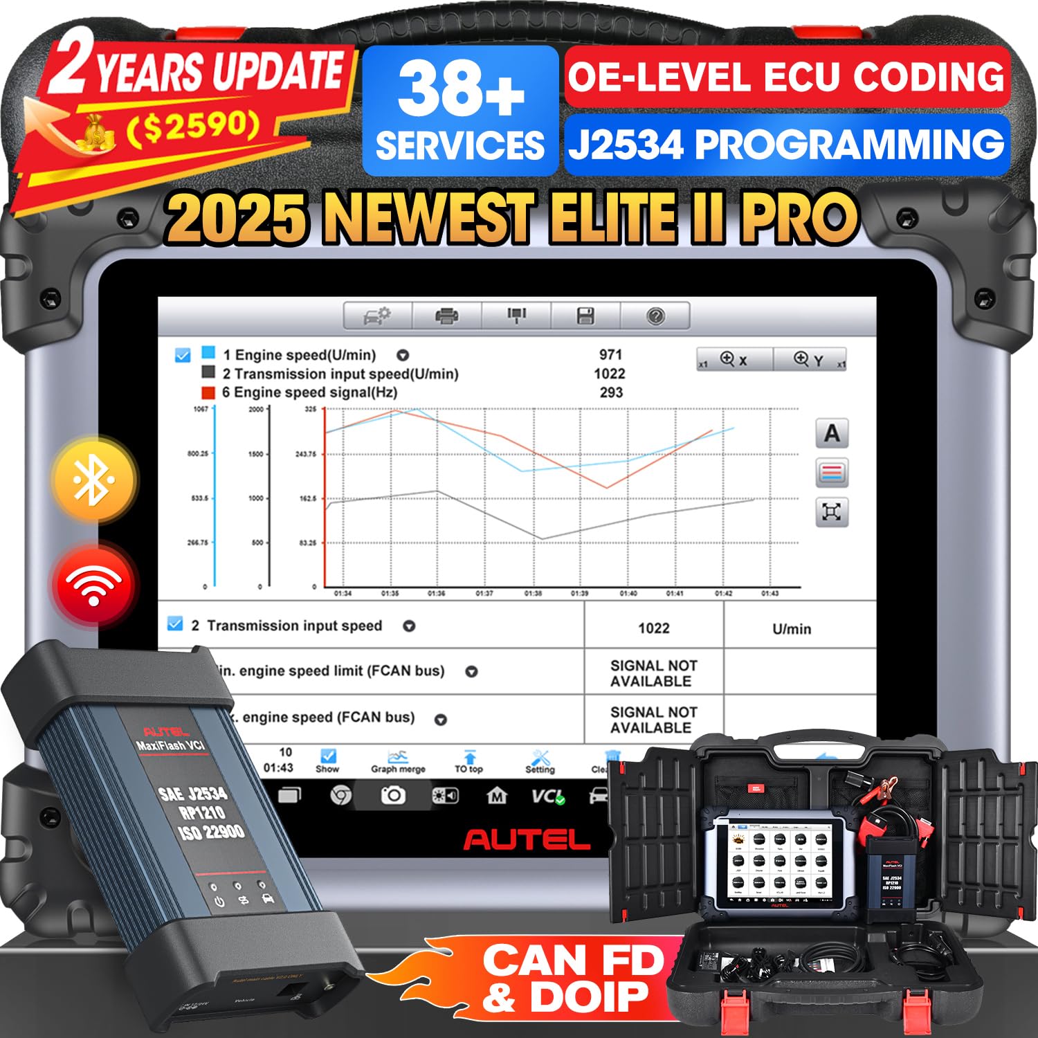 Autel Valise Diagnostic Auto MaxiSYS Elite II Pro, 2025 Mis à Niveau de MK908P II MS908SP Bidirectionnel Scanner, Programmation & Codage J2534, 38+ Services, TOU Systèmes, Mise à Jour 2 Ans