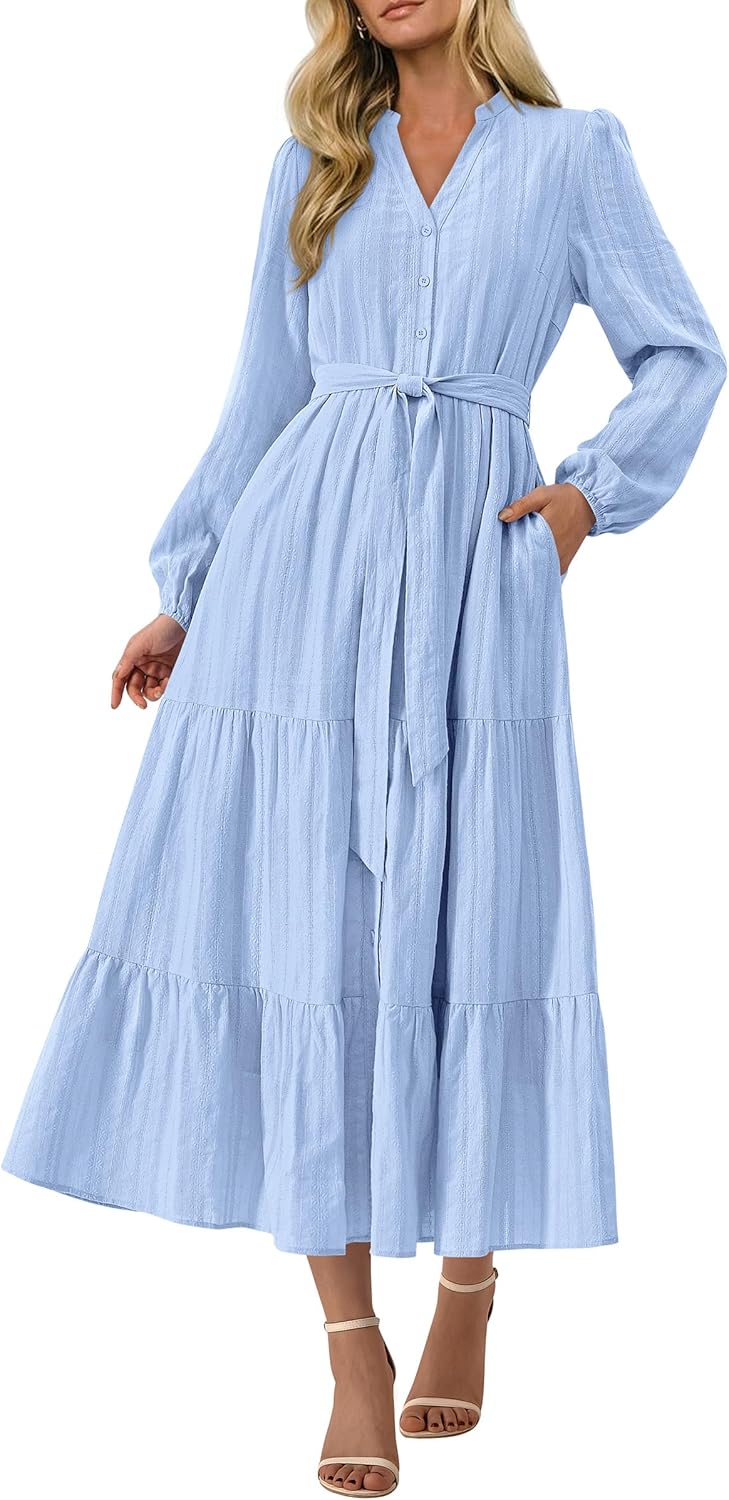 PRETTYGARDEN Womens Fall Maxi Dresses 2025 Casual Long Sleeve V Neck Button Down Flowy A Line Tiered Shirt Dress with Pockets
