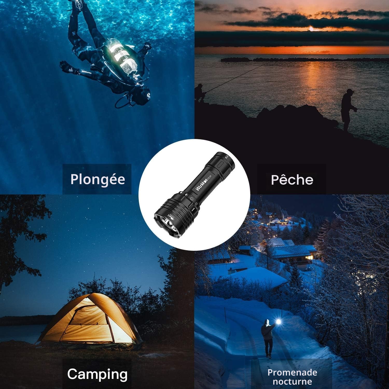 Wurkkos lampe de plongée 3600 lumens rechargeable IPX8 étanche 3* CRI 90 LED lampe de poche sous-marine avec chargeur