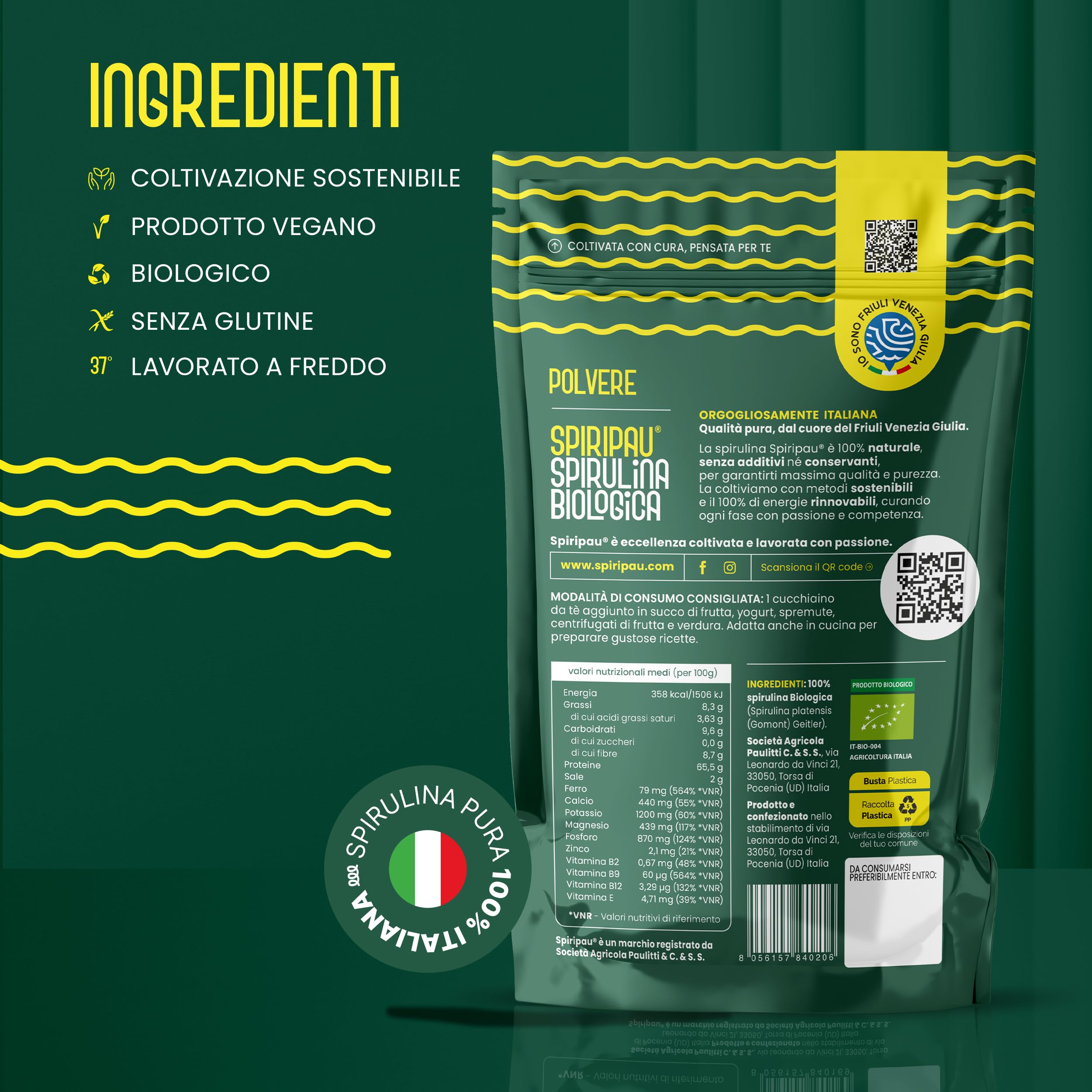 Spiripau Spirulina Bio Italiana in Polvere 50gr - Superfood Naturale - 100% Made in Italy - Azione Ricostituente - Prodotto Vegano, Senza Glutine, Biologico - Lavorato a Freddo