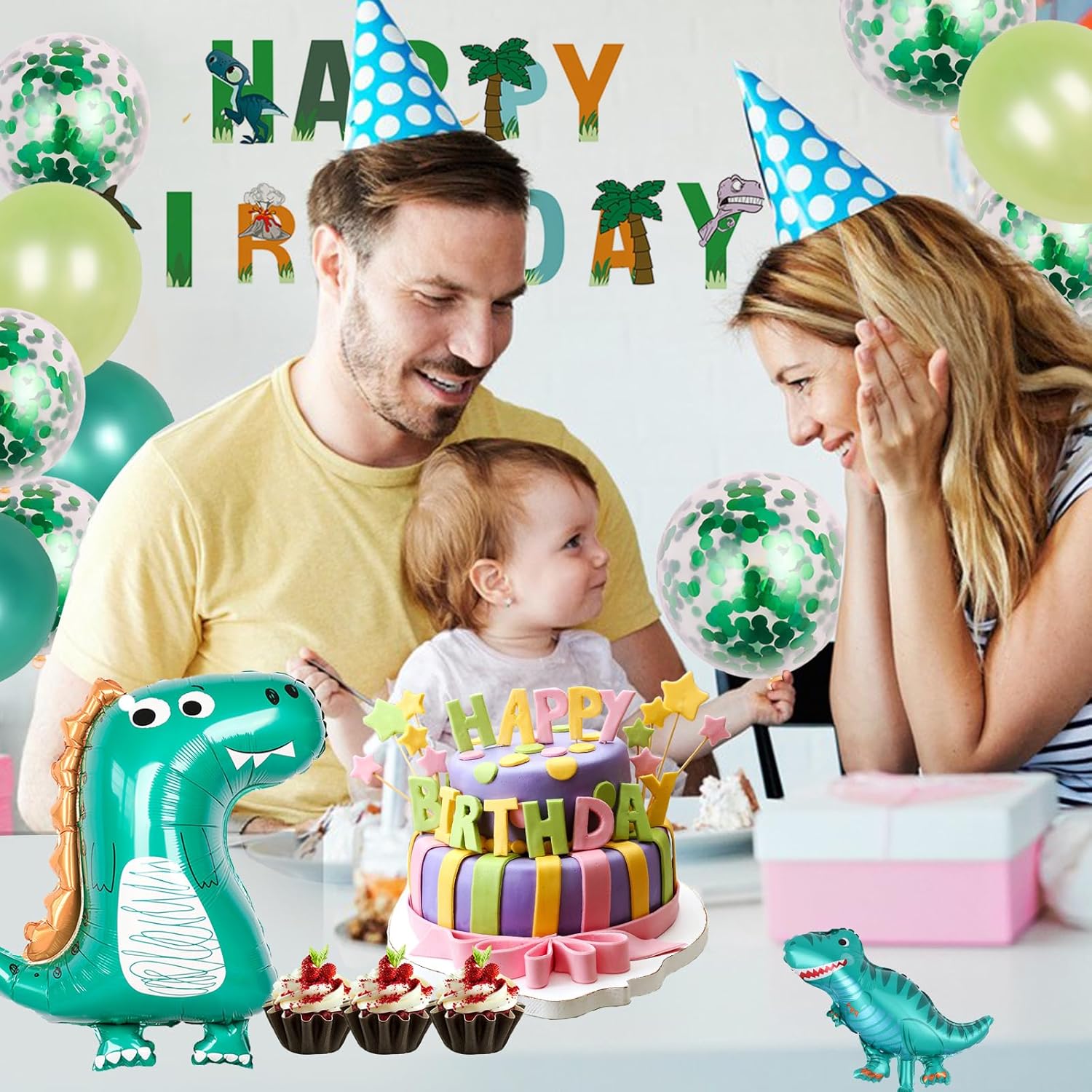 LilyZheng Dinosaur Birthday Decorations Cute Dinosaur Balloon Dino Party Supplies Happy Birthday Banner Confetti Green Latex Balloon Baby Shower Decos Boys and Girls - Image 3