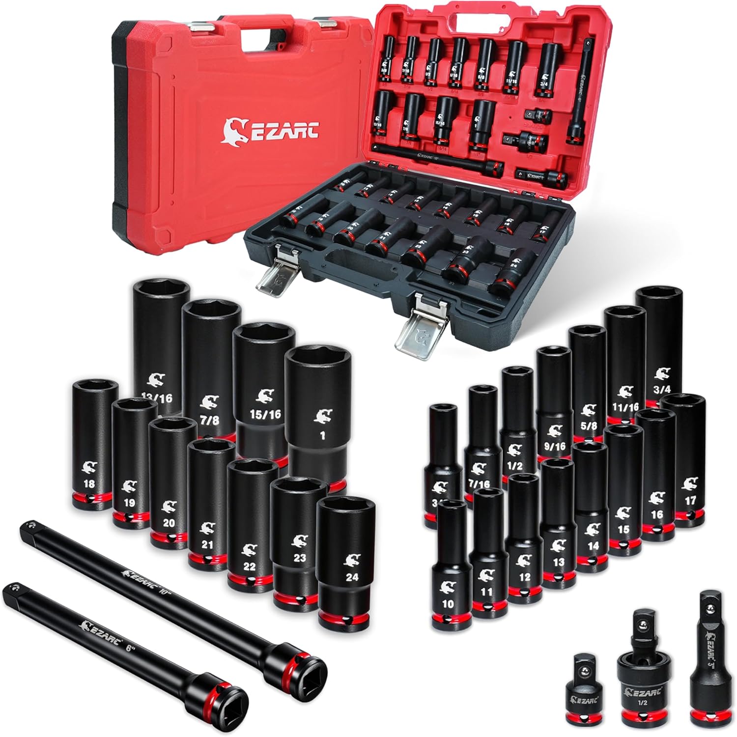 EZARC 1/2" Drive Impact Socket Set, 31-Piece SAE (3/8–1 in) and Metric (10–24 mm) Deep Sockets, CR-V Material, 3/6/10 in Extensions, Universal Joint & Adapter, Storage Case