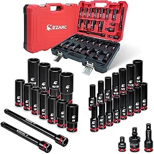 EZARC 1/2" Drive Impact Socket Set, 31-Piece SAE (3/8–1 in) and Metric (10–24 mm) Deep Sockets, CR-V Material, 3/6/10 in Extensions, Universal Joint & Adapter, Storage Case