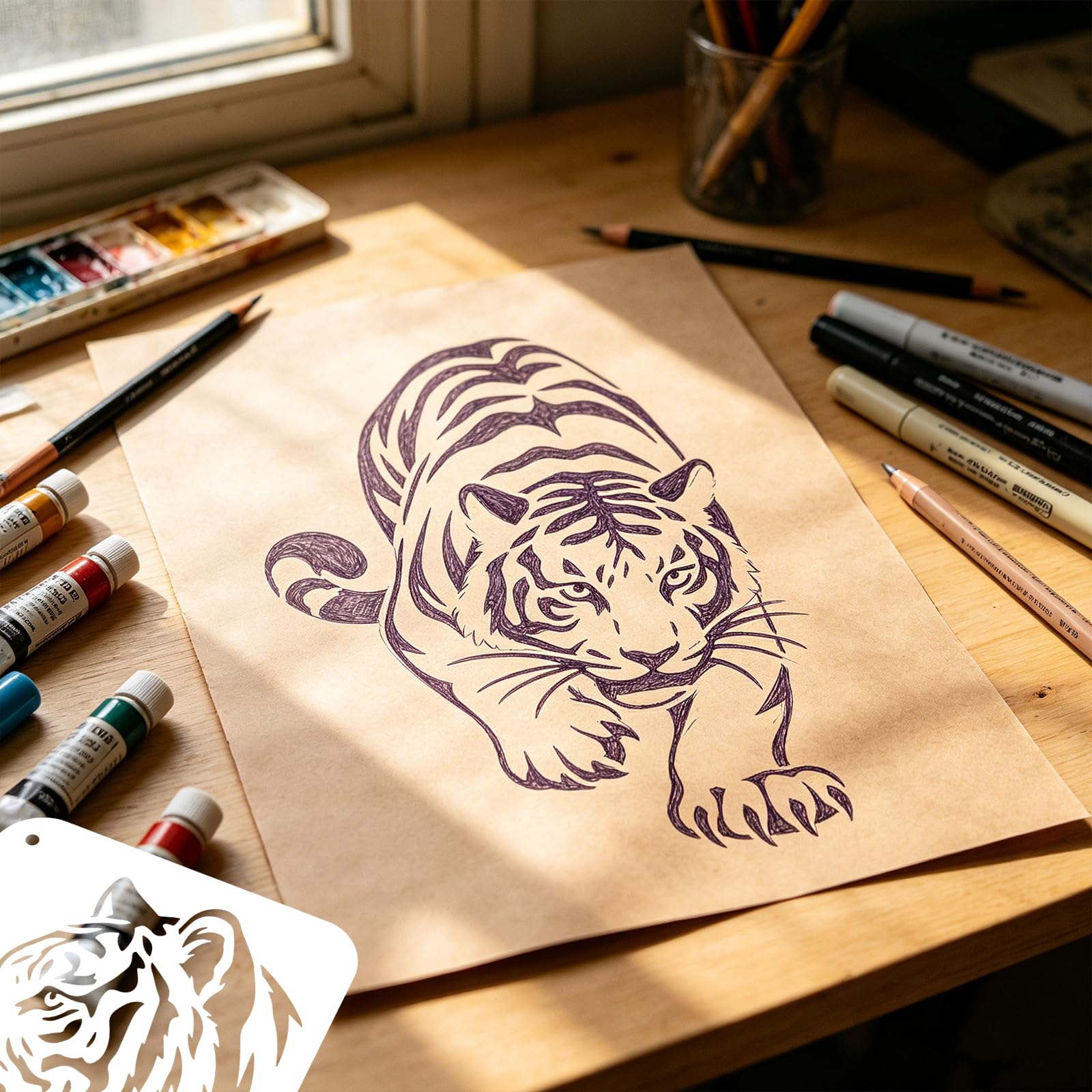Lot de 10 pochoirs réutilisables motif tigre pour peinture, pochoirs d'art de la faune pour mur, toile, meubles, tissu et loisirs créatifs