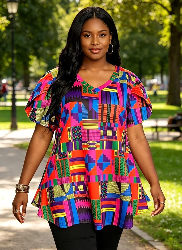 Afibi Womens Print Shirt African Dashiki Short Sleeve V Neck Loose Tunic Tops (XXX-Large, Purple) by Afibi - Used condition - Image 5