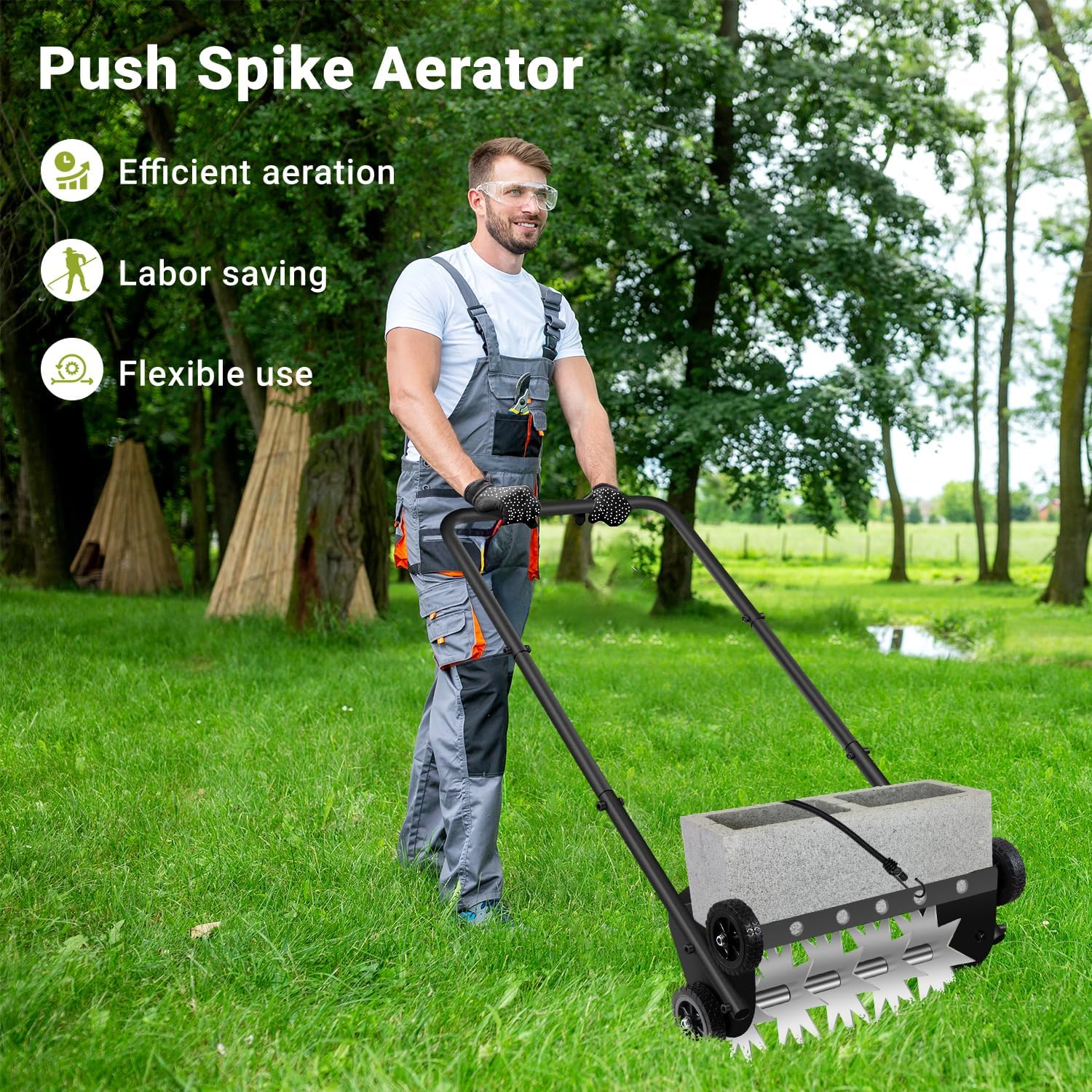 18-Inch Push Lawn Aerator with 4 Wheels,Push Spike Aerator,Heavy Duty Rolling Manual Yard Aerator Lawn Tool with 45inch Handle,Suitable for Lawn Garden Yard Grass Maintenance