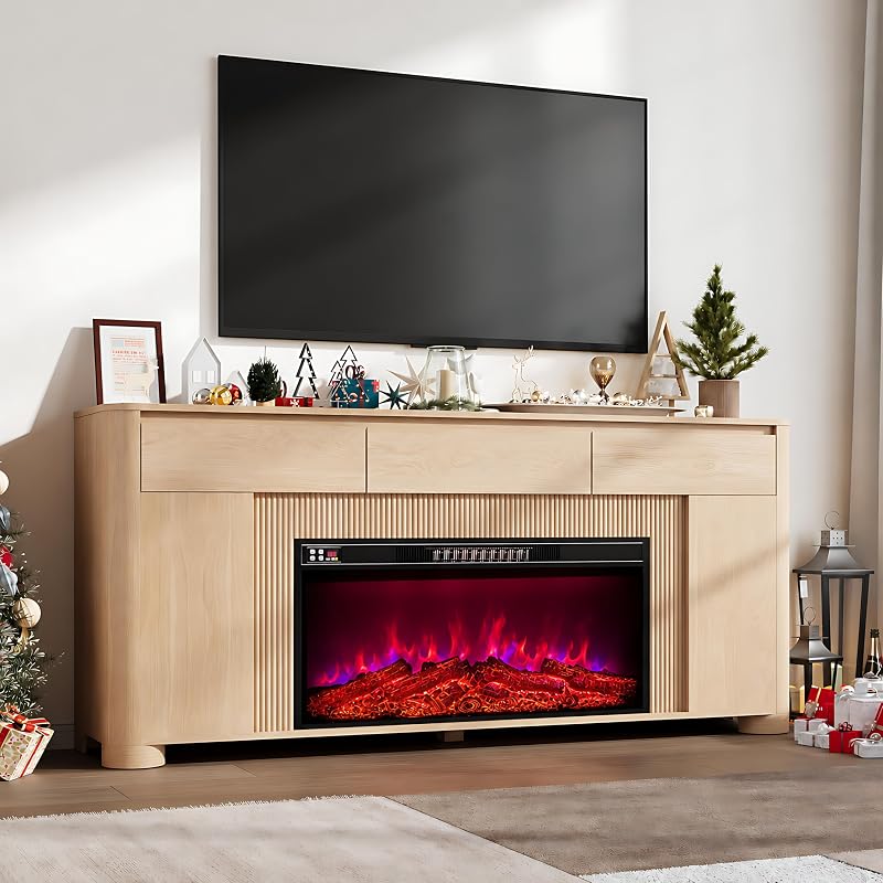 YANSNWO 70" Fireplace TV Stand with 7-Color LED Fits TVs Up to 80", Natural image 2