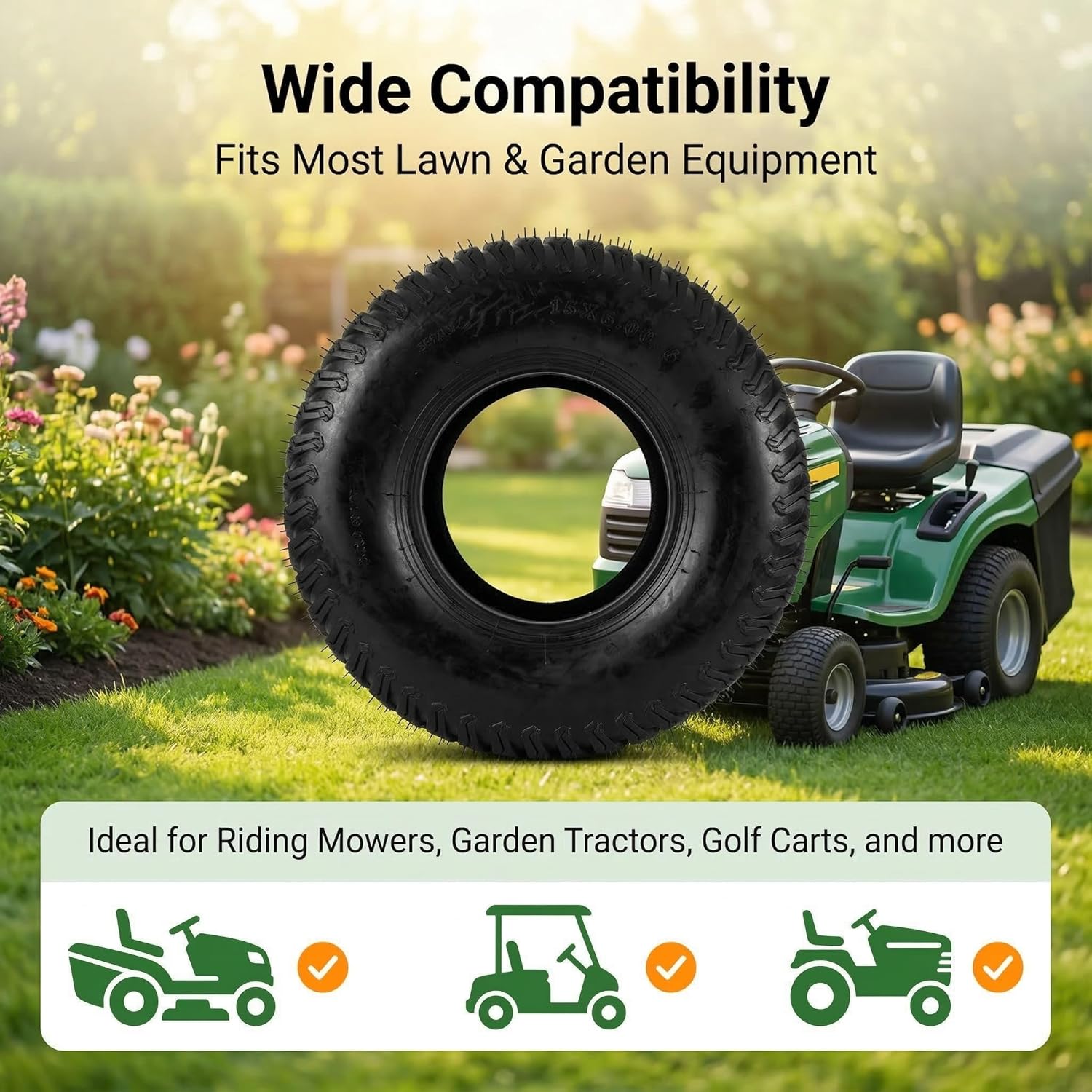 15x6.00-6 Heavy Duty Lawn Mower Tire, Tubeless Tractor Turf Tire, 570 lbs Load Capacity, Metal Construction, Commercial Grade