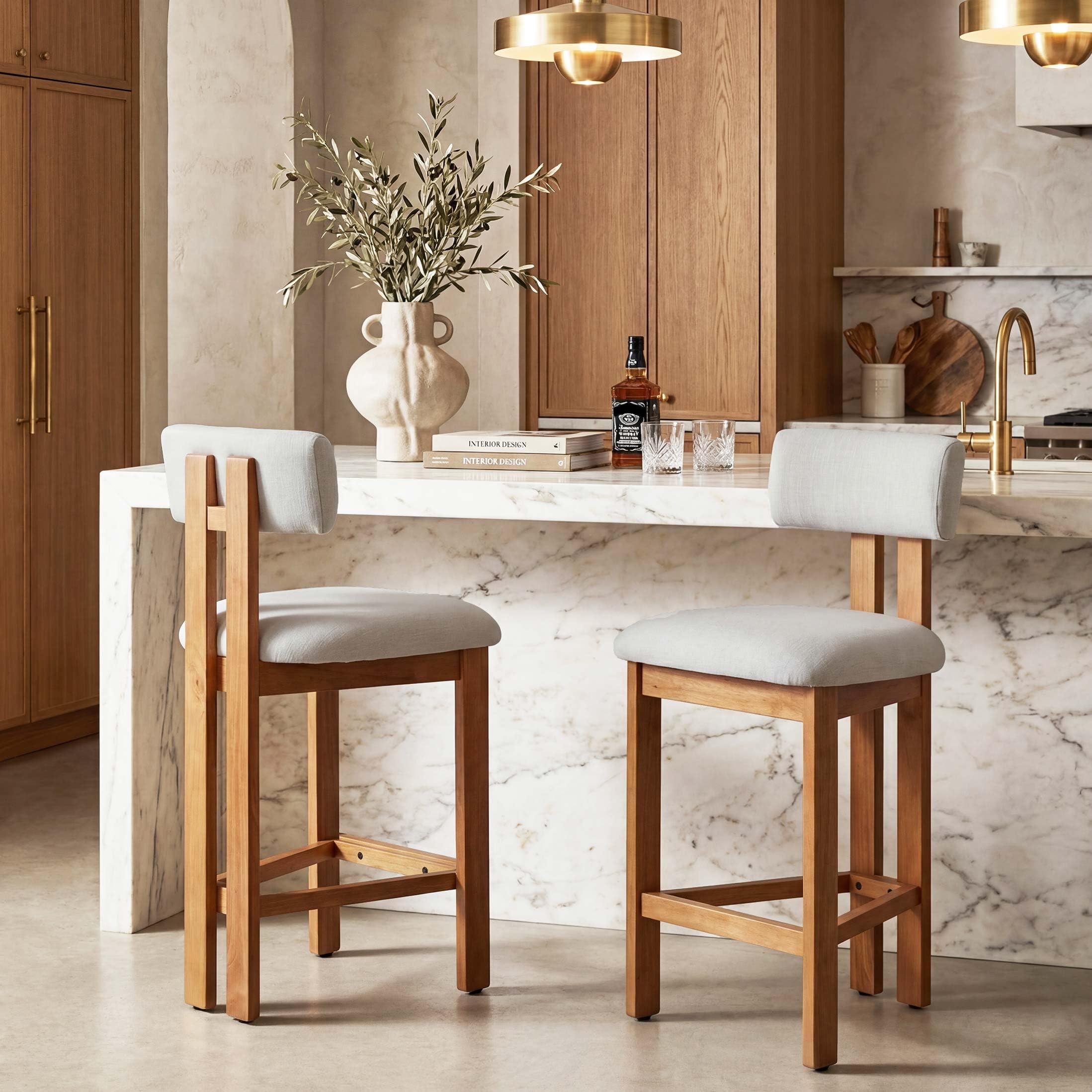 younturn Retro Mid Century Bar Stools Set of 2, Comfort Padded Linen Upholstered Seats Breakfast Barstools with Backrest, Solid Wooden Legs and Footrest, Stools for Kitchen Island, Home Bar, Beige
