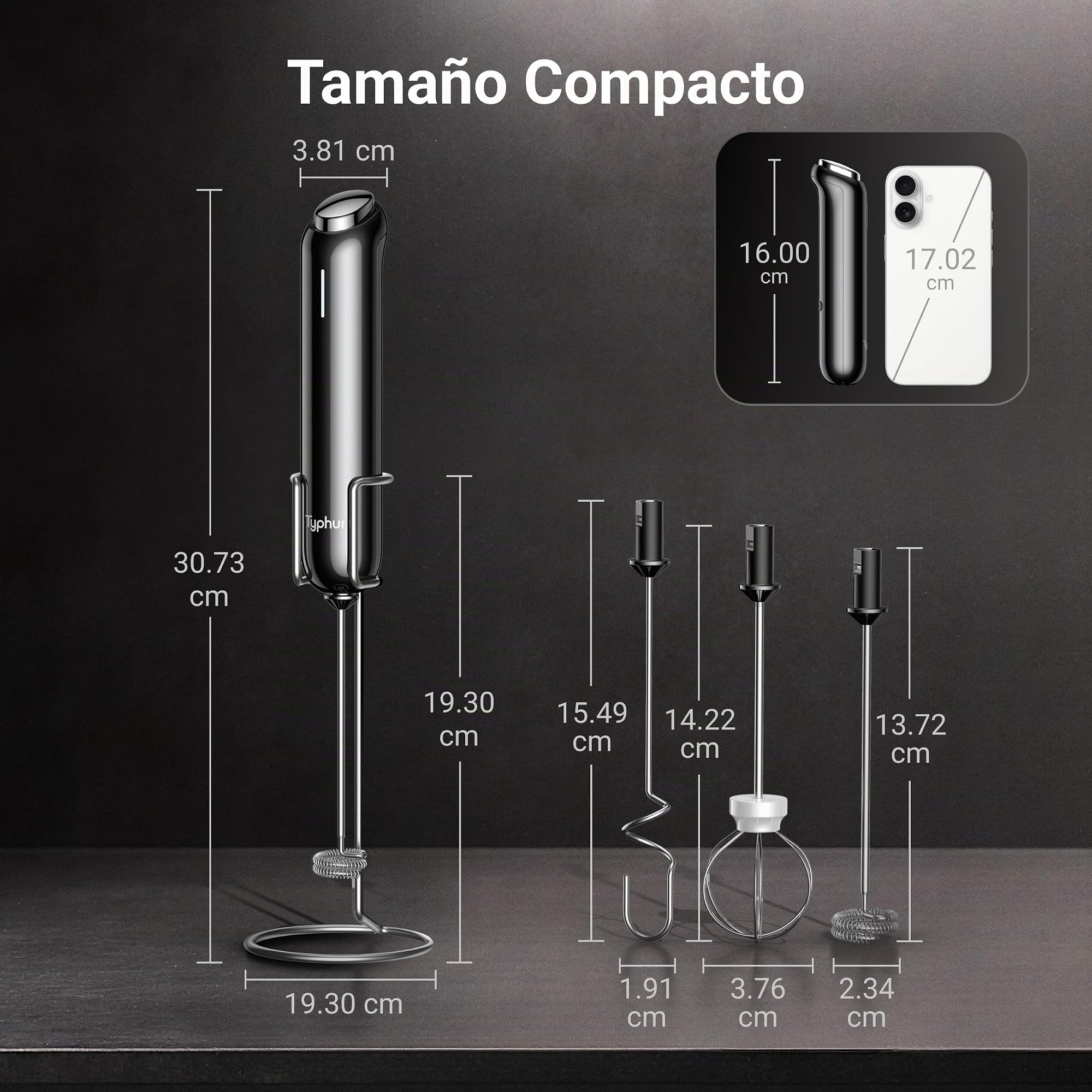 Typhur InstaWhisk Espumador de Leche Eléctrico de Mano, Recargable USB-C, Velocidad Variable, 3 Batidor Desmontable, sin Salpicaduras, para Café, Capuchino, Matcha, Leche de Avena, Soja