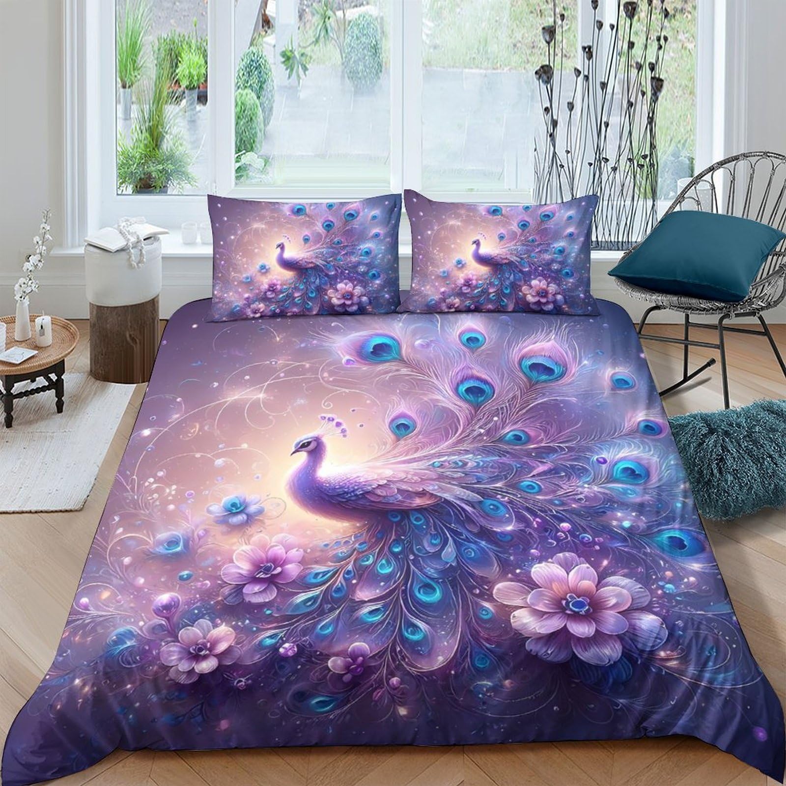 GPLZQXKJNH 3D Printed Purple Peacock Duvet Cover Microfiber Soft Breathable Floral Bedding Set with 2 Pillowcases for Bedroom Decor Single（135x200cm）